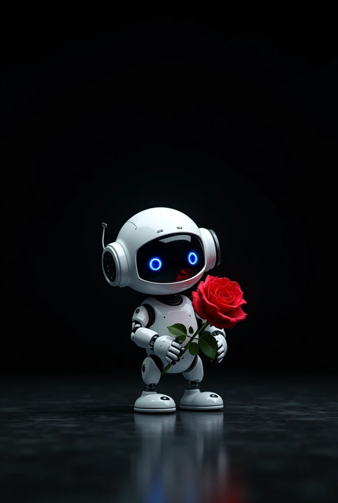  blue-eyed baby robot delivering a red rose, looking straight ahead on black background  
