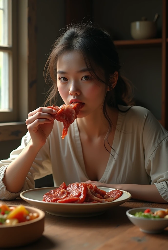 Asian woman eating chili