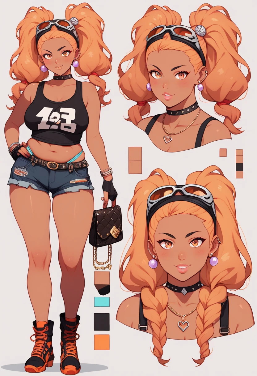  Woman,age 25, maturewoman,Chocho Akimichi Sexy outfits, panties and satin clothes character sheet all side views , full character, sheet character, design, full detail, showing all sides of the character, pigtails, long hair orange color hair brown skin a little chubby, ninja handbag on her head