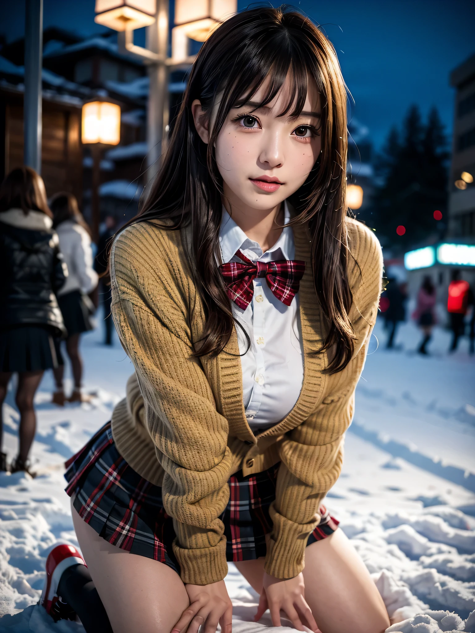 ((solo)), ((1 girl)), Panties Small, street, crowded, ((night)), ((snowing)), ((snow)), ((Embarrassing)), 1girl, brown hair, long hair, bangs, brown eyes, big breasts, large breasts, red bowtie, school uniform, black jacket, open jacket, brown cardigan, white shirt, black skirt, plaid skirt, high school girl, blush, White underwear is visible, droopy eyes, shiny skin, beautiful breasts, beautiful ass, cute face, Japanese idol, real person, front view, slightly smile, hands behind back, kneel,