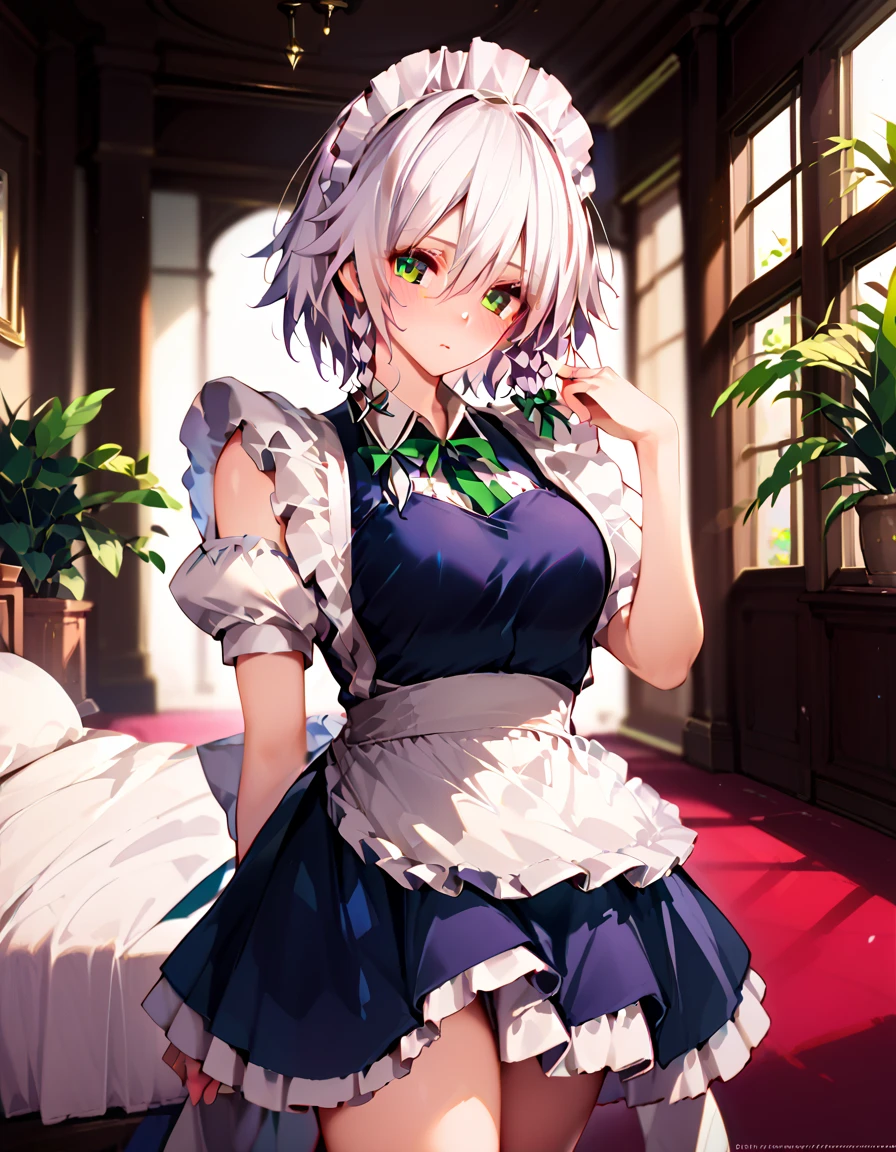 masterpiece, ultra detail, looking at viewer, a girl, maid, izayoi sakuya, maid costume, short hair, white hair, fullbody, lovely face, embarrassed, full face blush, hair over her eyes , pose sexy, bedroom, dim