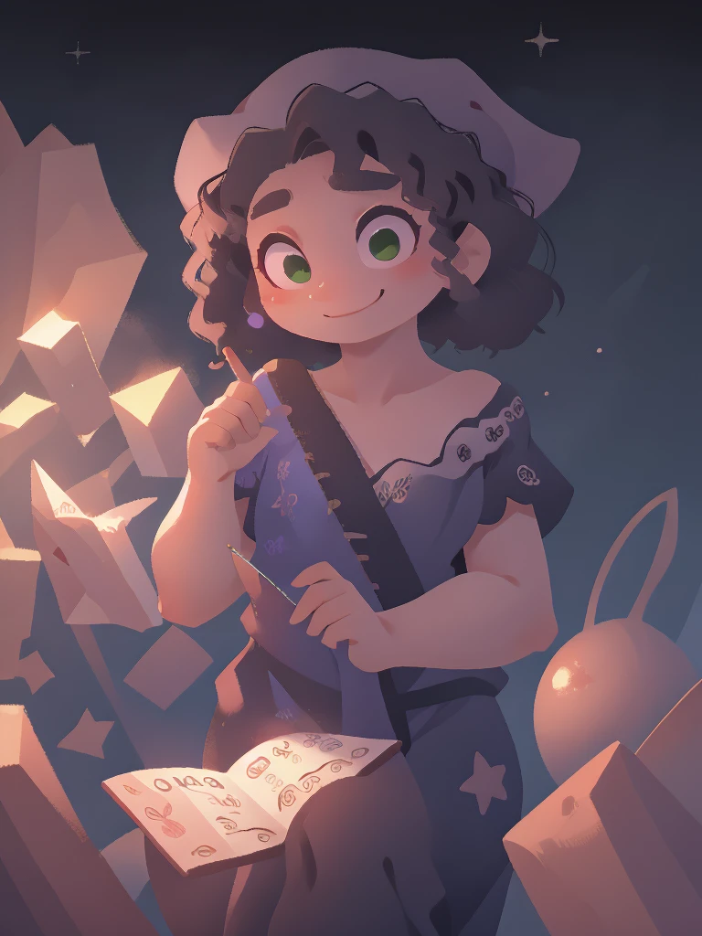 1girl, black curly short hair, smile, green eyes, wink, space, black Space Pajamas, have a Pencil and book tug around her left arm, wizard hat,