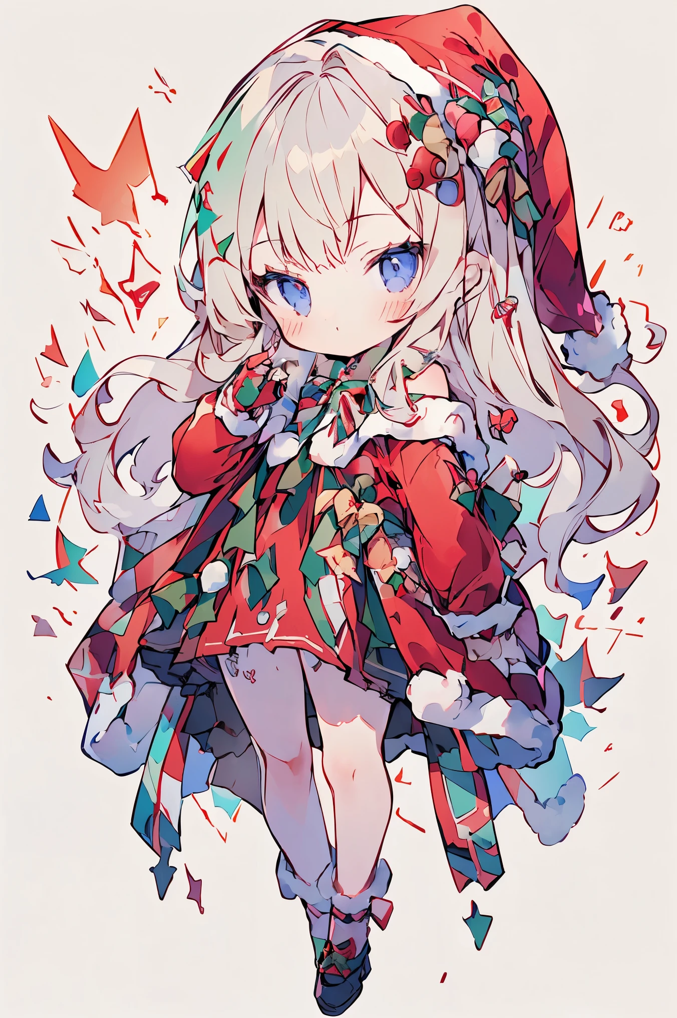 (((Best quality, 8k, Masterpiece: 1.3)), ((best quality)), ((masterpiece)), (detailed), perfect face, perfect body, (detailed skin:1.3), (intricate details), chibi, Christmas, Santa Claus, Santa Claus costume, Pop art background with the words "Merry Christmas", A girl dressed as Santa Claus, a deformed character