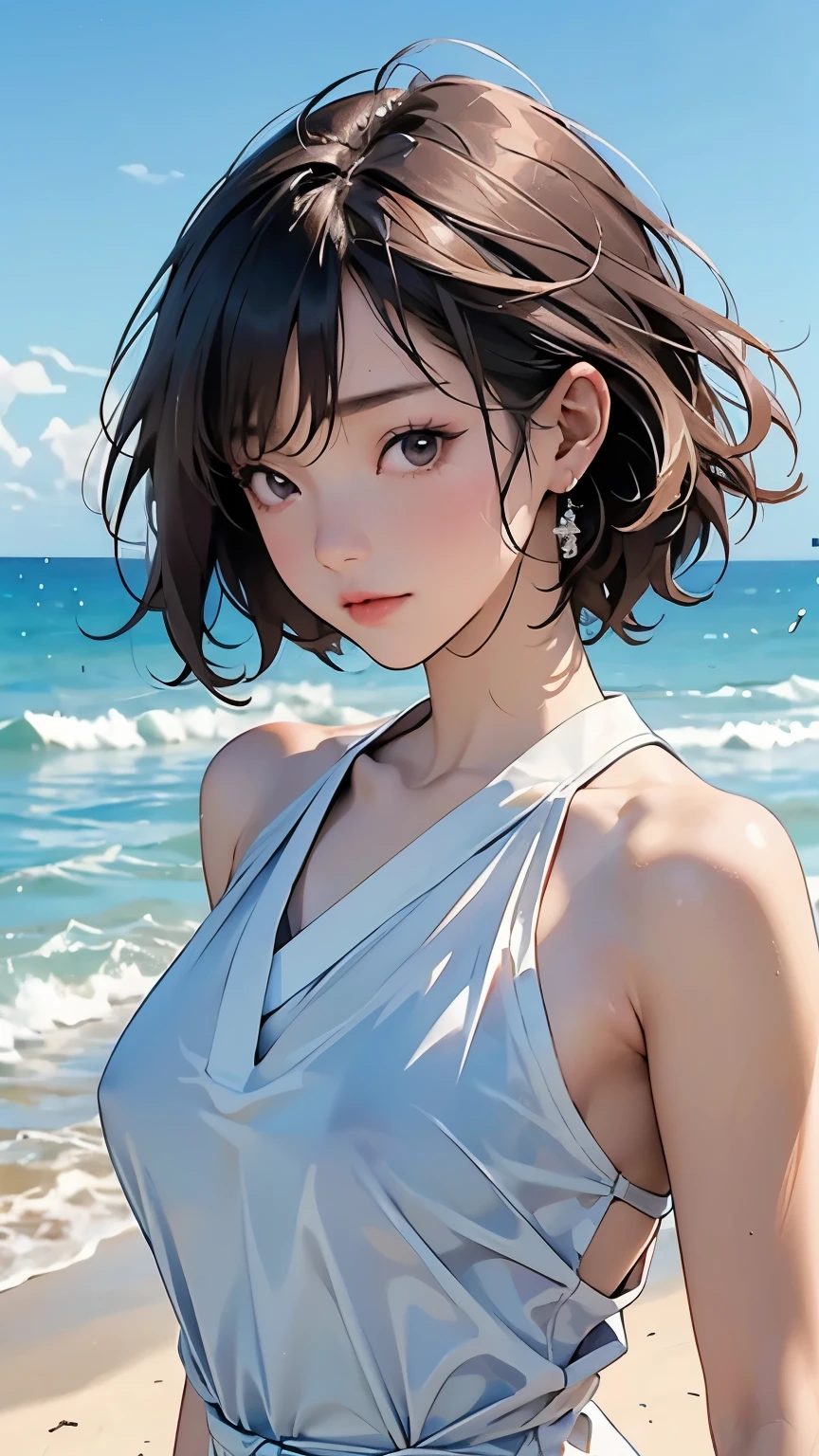 (  Japanese girl)、(Dancing lightly on the beach;1.2)、( DANCE SCENE )、( dynamic :1.2)、(Paleo in swimsuit)、    Layered Cut ,   Beautiful physique、  slim abs: 1.2,   wet body: 1.2,   high-resolution face and skin textures that will distract your eyes from sticking out your shoulders,   double eyelids in judo uniforms, Messy hairstyle, plain makeup  ,  Clear Focus  : 1.2, ( dynamic 写真)、Dazzling sunshine、top quality, 8k,   masterpiece,  