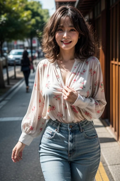 (((32k image quality))), (((RAW Photos))), (Highest quality, detailed:1.2), Photorealistic, (非常に繊細でdetailed), (((((Ultra-high resolution))))), (((Big Breasts))), (((Age 25, Sexy Gal, Taiwanese woman))), (((Tight waist))), One person, Elegant, Beautiful woman, Outstanding image quality, 非常にdetailedな顔, Perfect lighting, White skin, Curly Hair, A relaxed and fluffy atmosphere, 、(Breast Swelling 1.2), ((smile)), ponytail, Young and skinny gravure idol, Street Snap, ((Patterned shirt)), ((A-line skirt)), ((Photograph the whole body)),