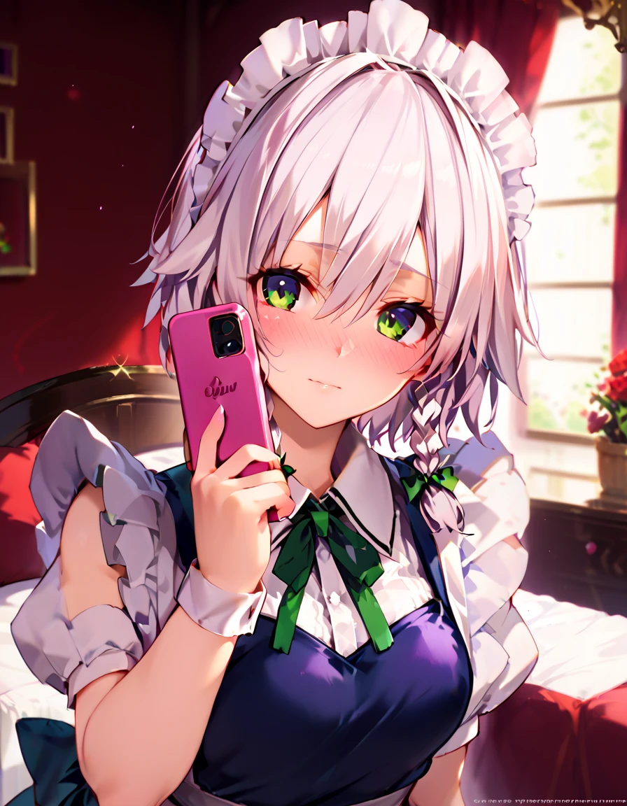 masterpiece, ultra detail, looking at viewer, a girl, lover, cute, maid, izayoi sakuya, maid costume, short hair, white hair, fullbody, lovely face, embarrassed, full face blush, hair over her eyes , pose sexy, bedroom, dim, selfie