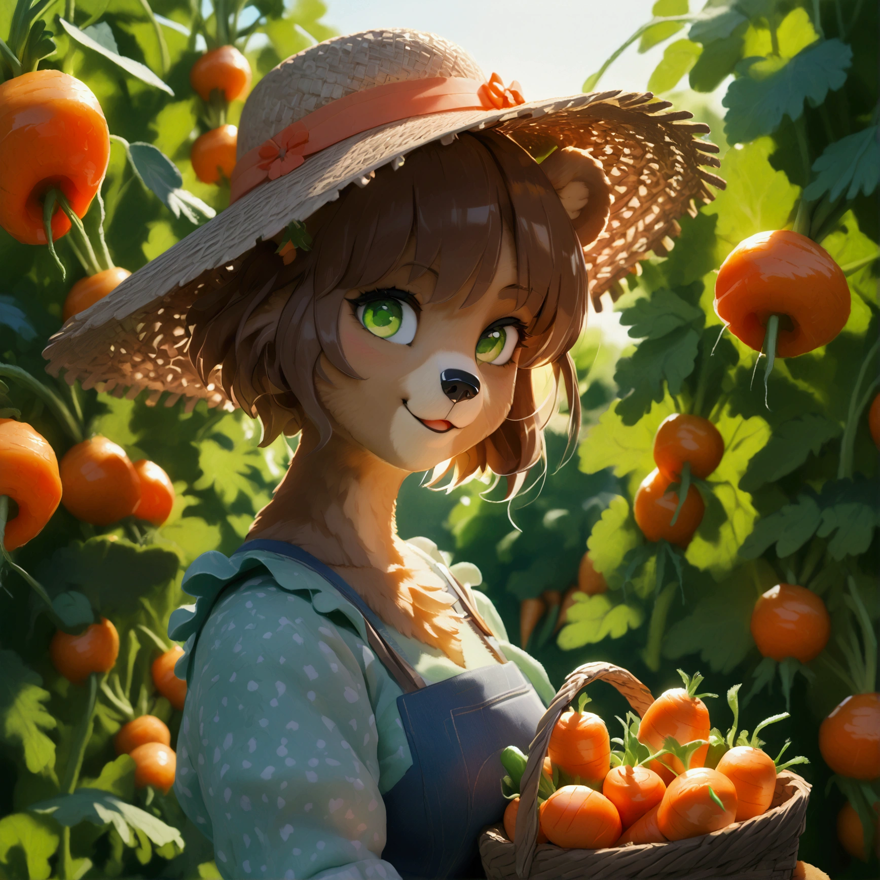 ((A bear girl tending to a vegetable garden, proudly holding up a freshly picked carrot, shown in a medium shot that captures her hardworking nature and the abundance of her garden)),Value,2D,CGI, dynamic angle, body language,gesture languages, colour psychology,anime facials expression, masterpiece, high-quality,perfect anatomy, photographic orientation,4k, 8k,SFW, safe for work, Overlap, Compression, Shadow, Dimensionality,foreshortened, scenery,modestly dressed,fully clothed,Facial affect,physiognomy,reflection on eye,shortened,randomised CHEST(CM)WAIST(CM)HIPS(CM),random Function call,full colour,Essence,quirky trait