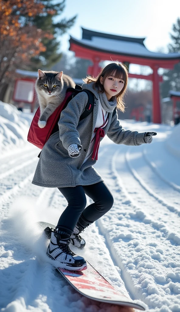 ultra-realistic, photorealistic, dramatic scene, shadow, global-illumination, solo, (teenage Japanese famous idol girl), very beautiful fragile Japanese girl, very beautiful with very cute but boyish cool face, (very large breasts), slim waist, (wearing a gray colored Japanese high school cute uniform of white shirt with blazer and skirt), (red ribbon), (stylish winter coat), (cute woolen scarf), (glove), (She is wearing dark navy tights), (very large breasts), snowboarding boots, (The cat is hiding in her backpack), (A giant fat cat peeks out of her backpack), (She is snowboarding down the long snow-covered steps of the shrine in extremely high speed:1.3), dynamic angle , acrobatic pose, Red torii gate of the shrine, heavy snow, A few autumn leaves can be seen among the leafless trees, she looks so happy, happy smile, showing a graceful snowboarding technique, quick turn, professional lighting, (shoot from below), Beyond the stairs the splendid main hall of the shrine can be seen