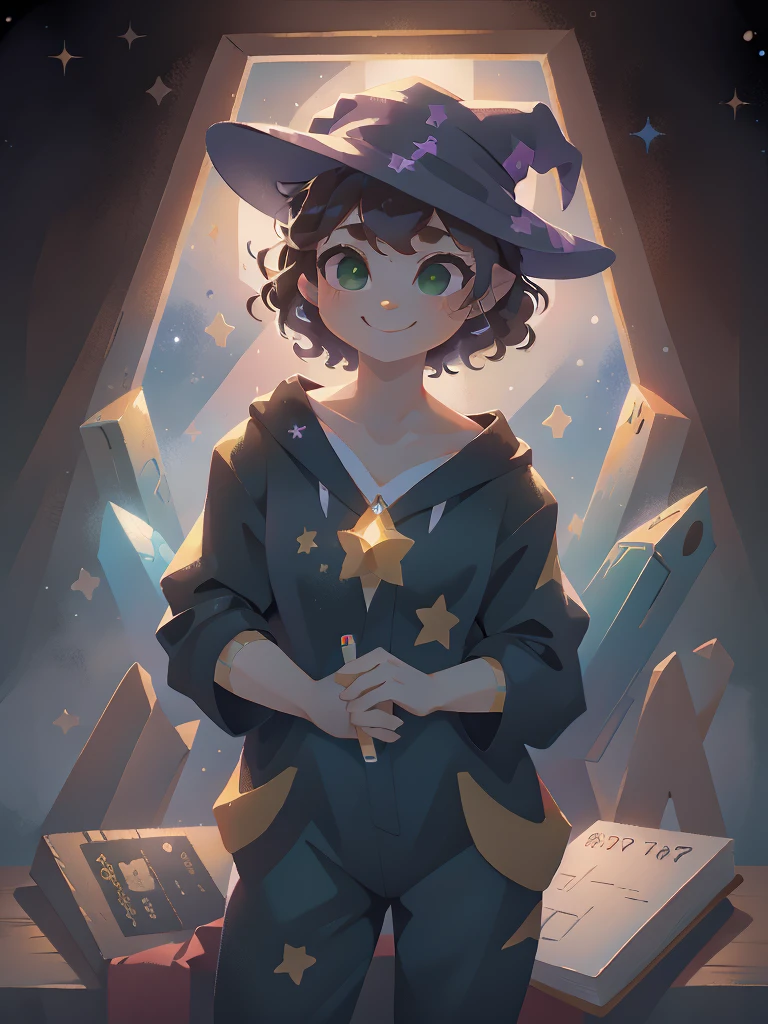 1girl, black curly short hair, smile, green eyes, wink, space, black Space Pajamas, have a Pencil in one hand, a huge brown book tug around her left arm, wizard hat,