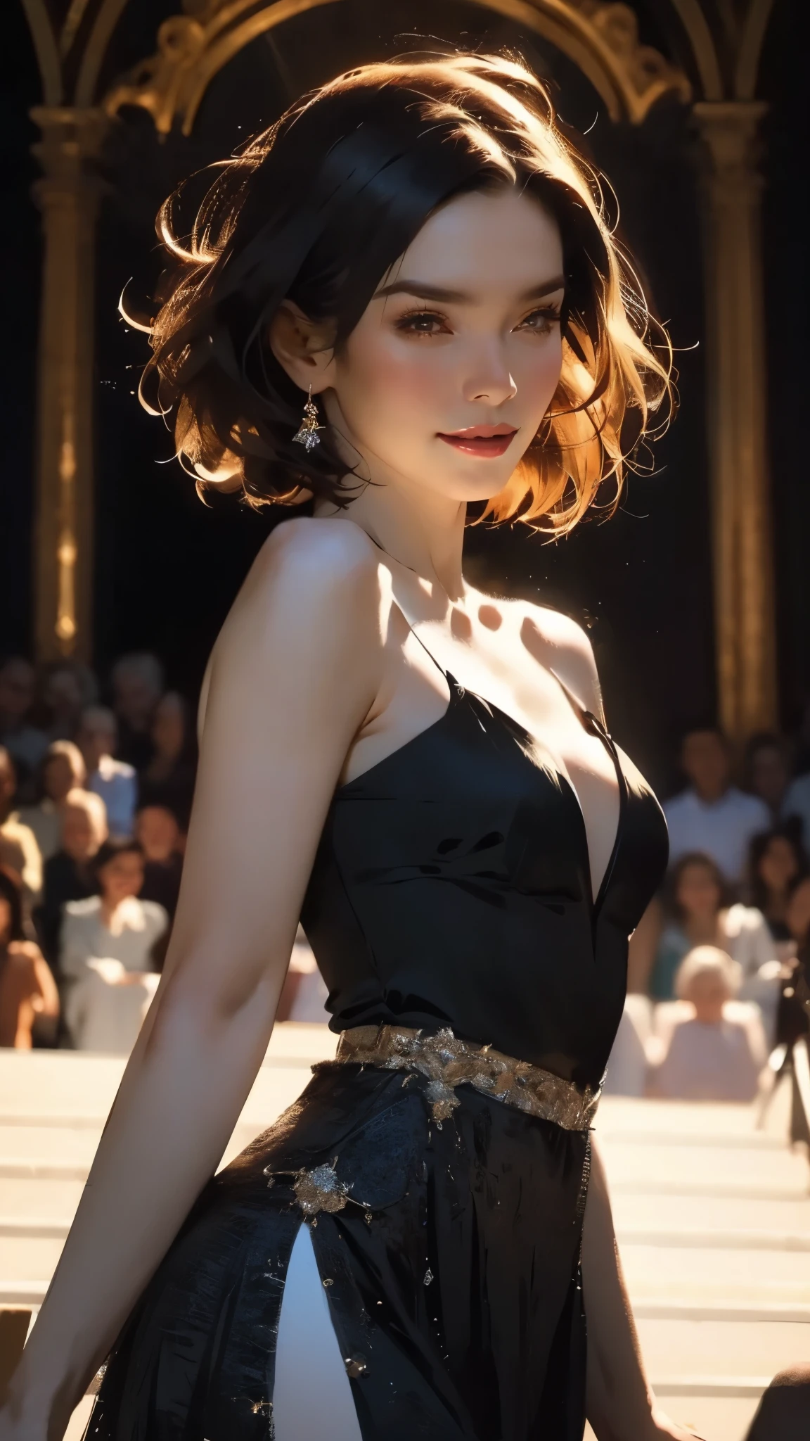 (masterpiece:1.2, best quality:1.2, extremely delicate:1.2), Nakatani Miki, a beautiful woman with medium length black hair, flawless oval face, passionate gaze, sweet smile, perfect smille, blush, seductive expression, tall and graceful figure, perfect body, perfect skin, Flamenco dance dresses, flowing skirt, alternating Black and Red textures, the color scheme is primarily Black with Red accents, dancing gracefully on the stage, this character embodies a finely crafted fantasy style Flamenco dancer, exquisite and mature art style, goddess, feminine, exquisite photography, depth of field, bokeh, photorealistic, even and soft lighting on face, dramatic, high definition, highres, ultra detailed, professional photo, perfect body proportions, anatomically correct, symmetrical face, extremely detailed eyes and face, perfect eyes, high quality eyes, creativity, RAW photo, UHD, 32k, portrait lighting, Natural light, cinematic lighting, (masterpiece-anatomy-perfect:1.2)