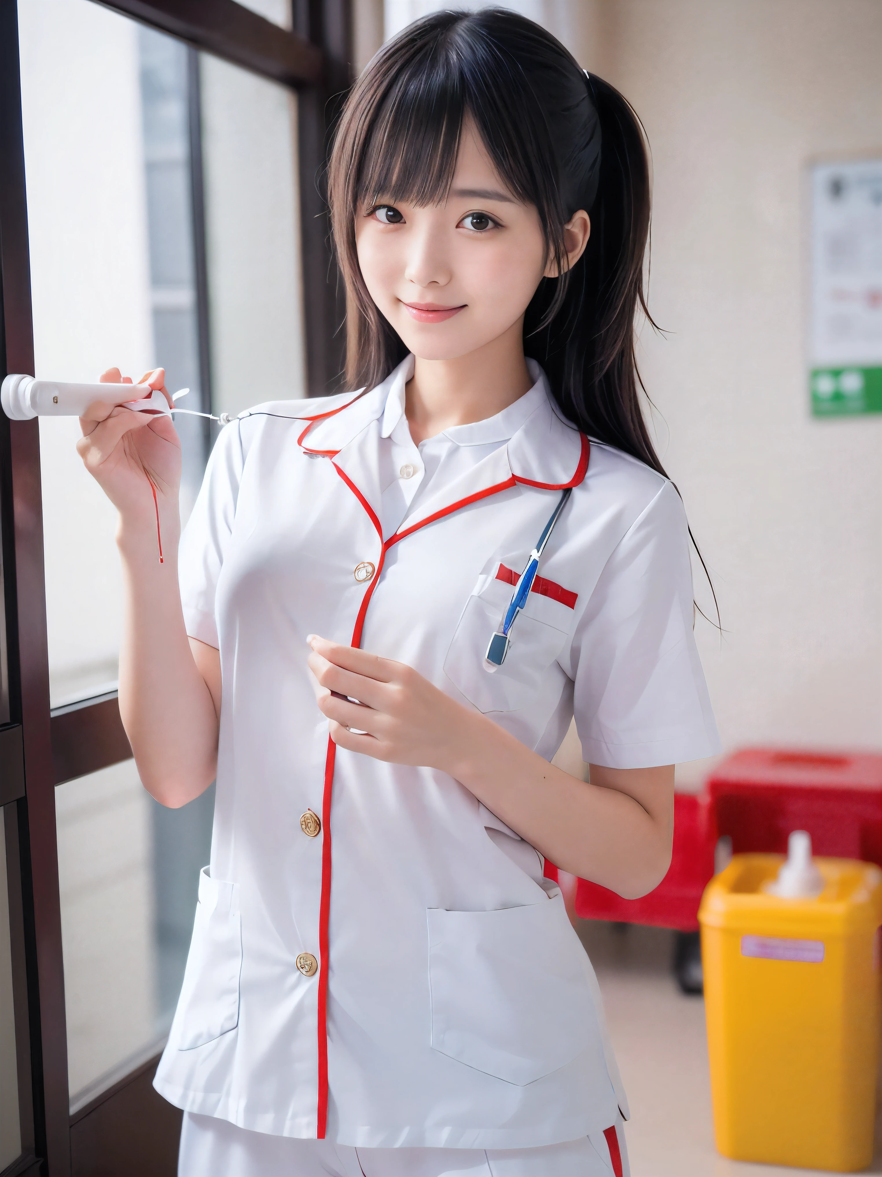 (Close-up face shot of one slender small breasts two side up black medium hair with bangs girl in a white nurse long pants uniform :1.5)、(One girl  is preparing the intravenous drip in the hospital room in Japan with happy smile:1.5)、(blurred background:1.5)、(Natural light:1.5)、(High-key photo:1.5)、(8k ultra detailed master piece:1.5)、(perfect anatomy:1.5)、(Photorealistic stick:1.5)、(Raw photo:1.3)、(highest quality:1.5)、(High resolution:1.3)、(Delicate and beautiful perfect face:1.3)、(Delicate and beautiful eye air skin:1.3)、(Real Human Skin:1.3)、((thin legs))
