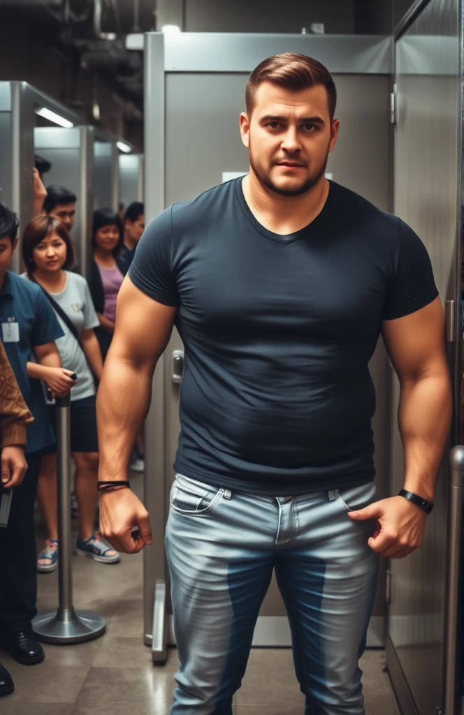 Realistic photo, somewhat muscular man, in line for a public bathroom, jeans, black t-shirt