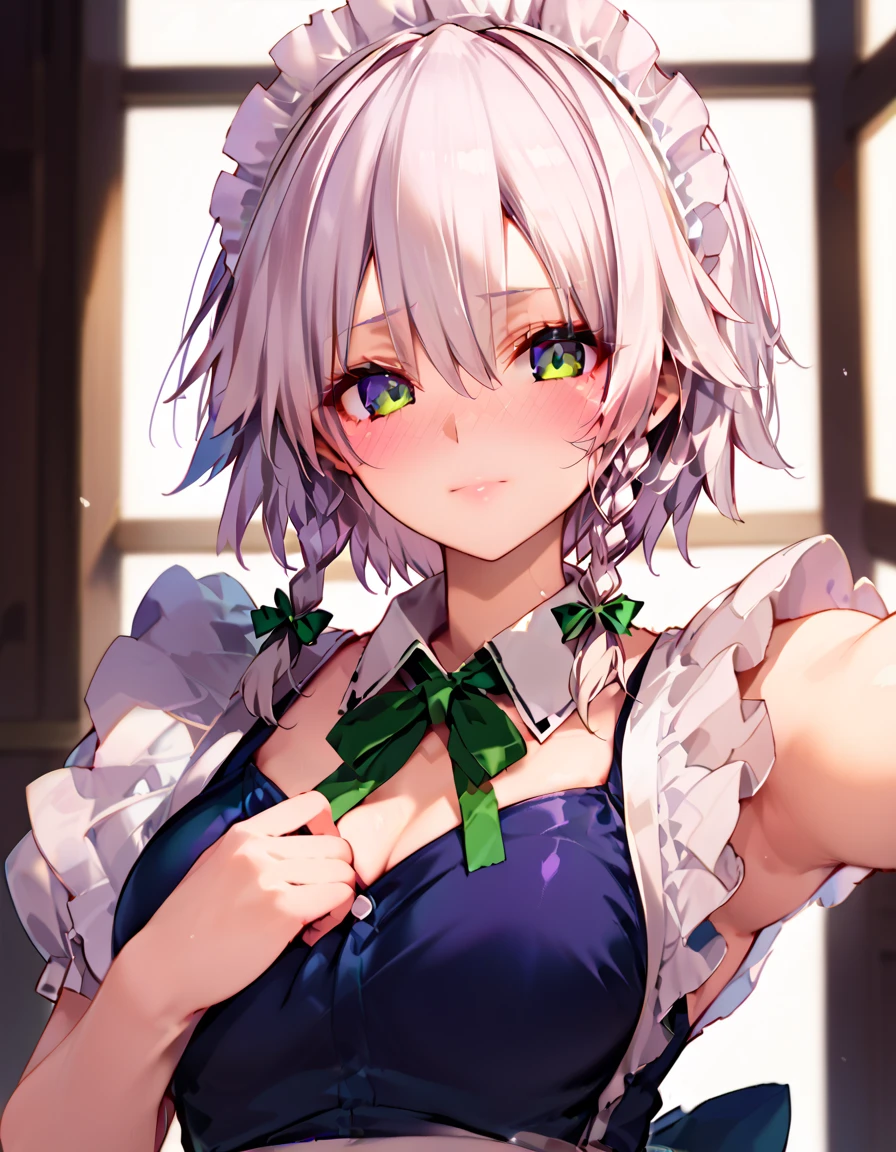 masterpiece, ultra detail, looking at viewer, a girl, lover, cute, maid, izayoi sakuya, maid costume, short hair, white hair, fullbody, lovely face, embarrassed, full face blush, hair over her eyes , pose sexy, bedroom, dim, selfie