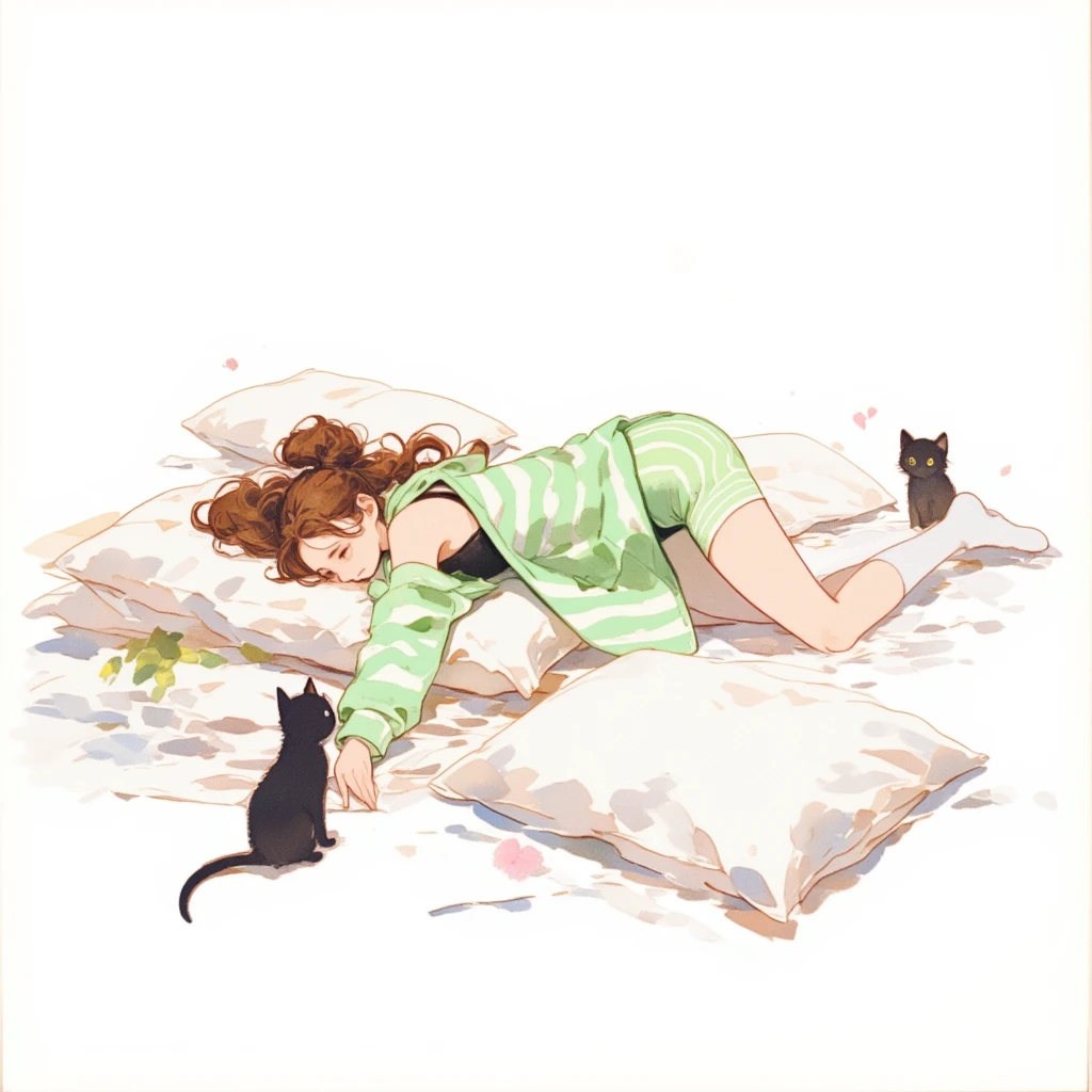 Watercolor painting illustration, full body, The balmy spring is the season of love. There is a lady whose heart flutters with her first love. She lies face down on the bed, her head completely buried in the plush cushions. She is daydreaming alone. brown hair, updo, A light green horizontal striped open-front hoodie over a black camisole, Light green striped shorts, White knee-high socks, (A black furry kitten sits beside her, watching her anxiously).simple white background