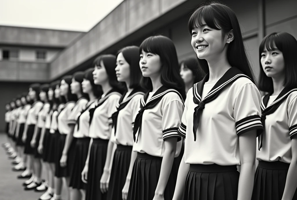 Of a Japanese high school around 1970, Graduation photos of 40 classmates, Close your mouth and look uneasy,  super real ,  photorealistic,  she looks so happy , レトロなBlack and white photography:1.331, Perfect drape configuration  ,  proper placement , Golden Ratio,  Japanese High School Sailor Suit  :1.21, Short sleeve clothing,  white short sleeve sailor suit :1.21,  will be Fuku:1.21,  black skirt, 1970s vibe, Black and white photography:1.331, concrete school background,