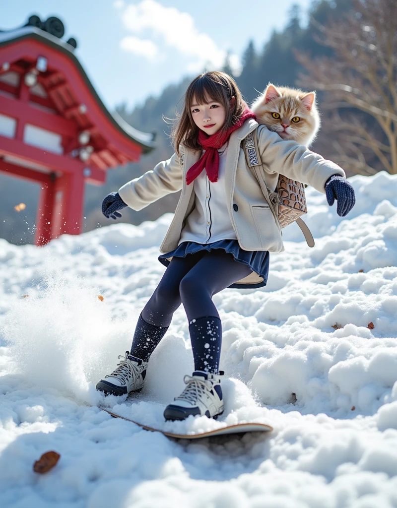 ultra-realistic, photorealistic, dramatic scene, shadow, global-illumination, solo, (teenage Japanese famous idol girl), very beautiful fragile Japanese girl, very beautiful with very cute but boyish cool face, (very large breasts), slim waist, (wearing a gray colored Japanese high school cute uniform of white shirt with blazer and skirt), (red ribbon), (stylish winter coat), (cute woolen scarf), (glove), (She is wearing dark navy tights), (very large breasts), snowboarding boots, (The cat is hiding in her backpack), (A giant fat cat peeks out of her backpack), (She is snowboarding down the long snow-covered steps of the shrine in extremely high speed:1.3), dynamic angle , acrobatic pose, (soaring snow after her snowboard), Red torii gate of the shrine, heavy snow, A few autumn leaves can be seen among the leafless trees, she looks so happy, happy smile, showing a graceful snowboarding technique, quick turn, professional lighting, (shoot from below), Beyond the stairs the splendid main hall of the shrine can be seen