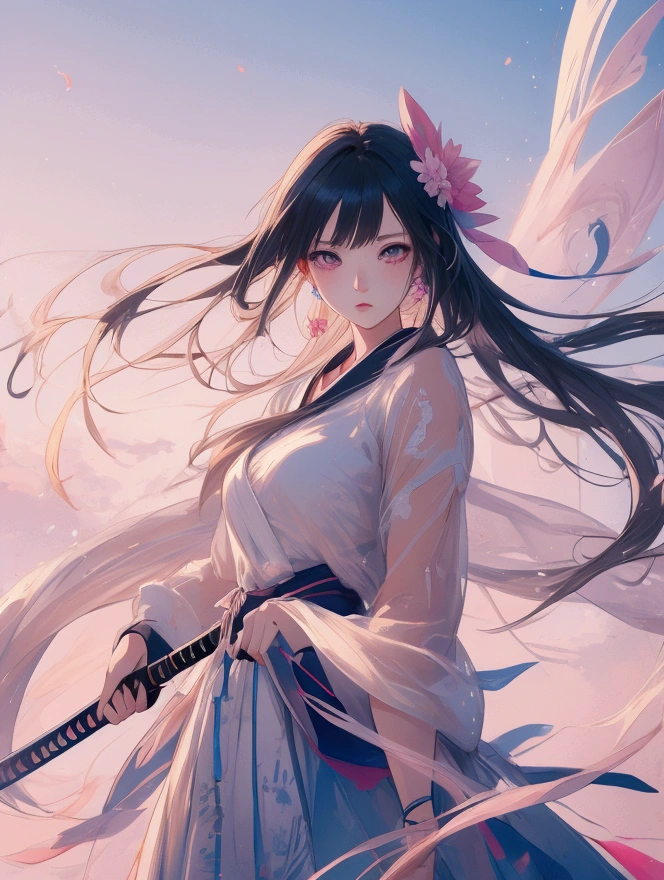 ((From below)), ((full bodyesbian)), ((Realistic)), (correct hand), (anatomy correct), nigth, Dark blue sky，starrysky, Beautiful goddess, Sexy goddess, Heroic, (Hanfu, One shoulder, Floral), Sword dance, (white colors, In pink), Long messy hair, long hair flowing with the wind, Detailed scenes, amazing pose, Eye-catching accessories, Picturesque, Beautiful digital illustration, the detail，Hyper-detailed, Cinematic quality, (best qualtiy，tmasterpiece)