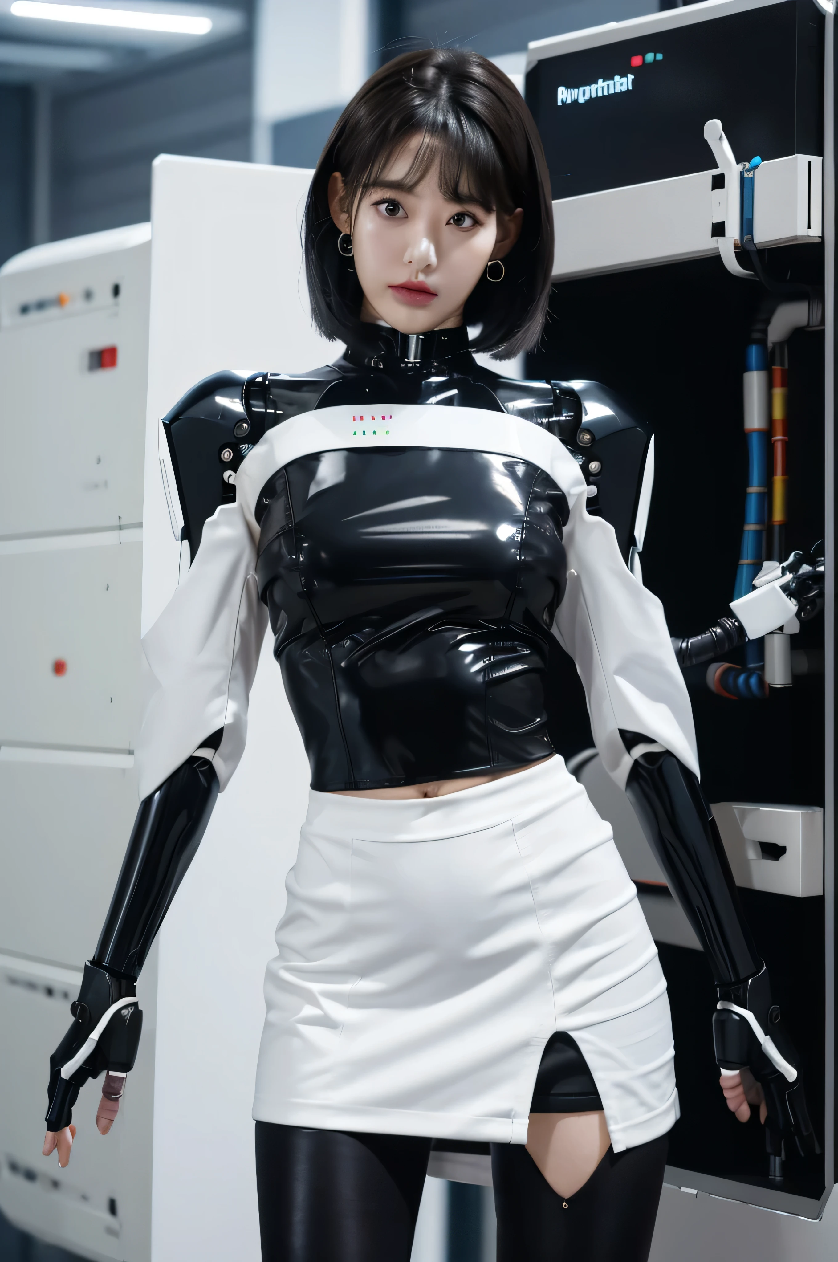 masterpiece, best quality, extremely detailed, (8K, 4K, Best Quality, hight resolution, 超A high resolution:1.1), (masutepiece, Realistic, Photorealsitic:1.1),8k portrait, Japaese android Girl,Plump , dark black leg cover,announcer,control panels,android,Droid,Mechanical Hand, Robot arms and legs, Black Robot Parts,Black hair,Mechanical body,Blunt bangs,perfect mechanical abdomen,White robotics parts,perfect robot woman,future laboratory,cyber pank,charging spot,laboratory,long tube,thick cable connected her neck,white ceramic body ,perfect mechanical body, white robot body,lod antenna,mechanical ear cover,android,robot humanoid,black sponge joints,The removable cover is in the groin,The connection port is in the groin,opened chest panel,access panel on the chest,opened breast panel,perfect mechanical breast,perfect machine body,perfect android body,She has repaired,assembly plant,miniskirt,dark black tights,dark black leggings, Intelligent Bionic Robot