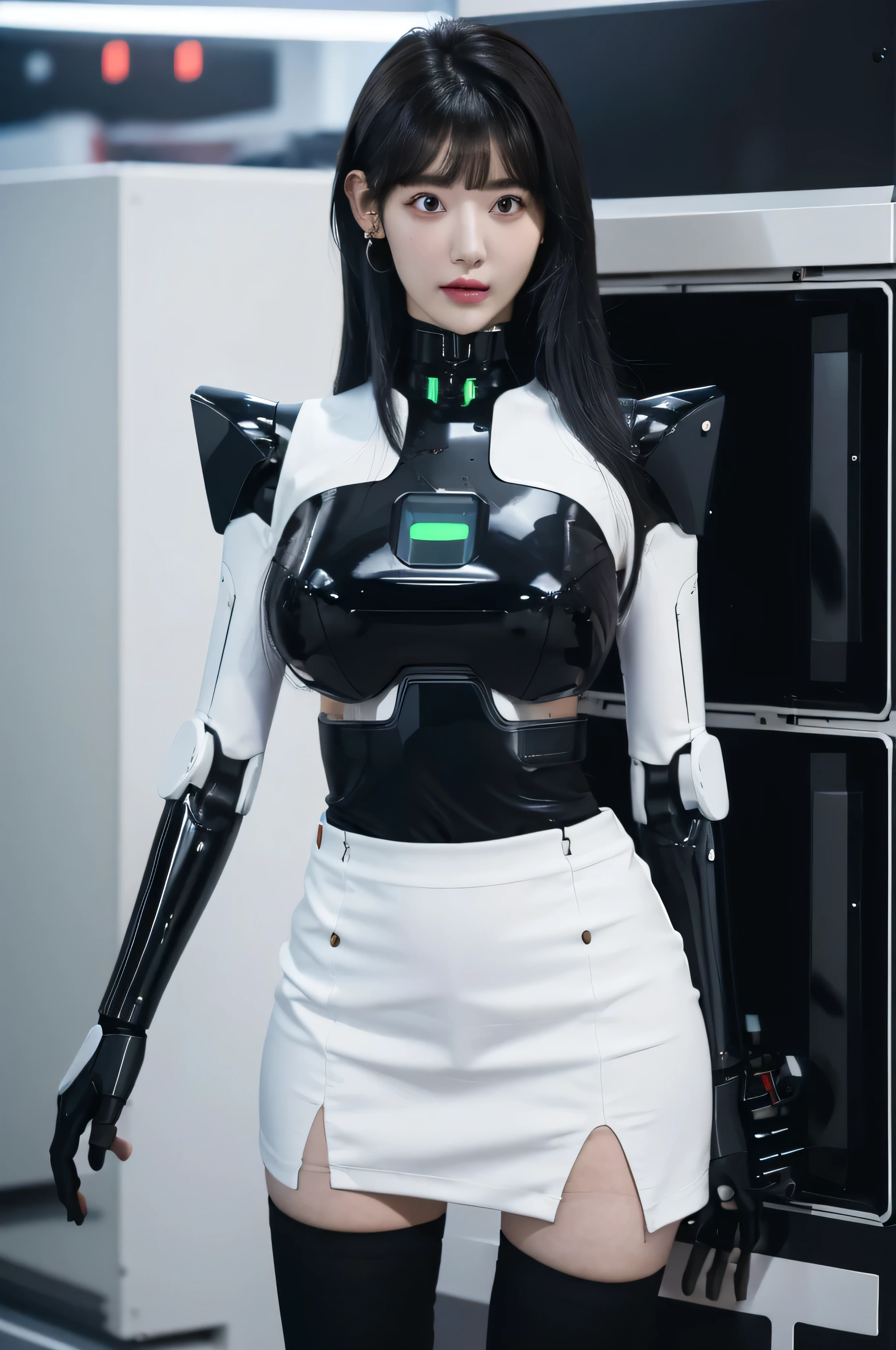 masterpiece, best quality, extremely detailed, (8K, 4K, Best Quality, hight resolution, 超A high resolution:1.1), (masutepiece, Realistic, Photorealsitic:1.1),8k portrait, Japaese android Girl,Plump , dark black leg cover,announcer,control panels,android,Droid,Mechanical Hand, Robot arms and legs, Black Robot Parts,Black hair,Mechanical body,Blunt bangs,perfect mechanical abdomen,White robotics parts,perfect robot woman,future laboratory,cyber pank,charging spot,laboratory,long tube,thick cable connected her neck,white ceramic body ,perfect mechanical body, white robot body,lod antenna,mechanical ear cover,android,robot humanoid,black sponge joints,The removable cover is in the groin,The connection port is in the groin,opened chest panel,access panel on the chest,opened breast panel,perfect mechanical breast,perfect machine body,perfect android body,She has repaired,assembly plant,miniskirt,dark black tights,dark black leggings, Intelligent Bionic Robot