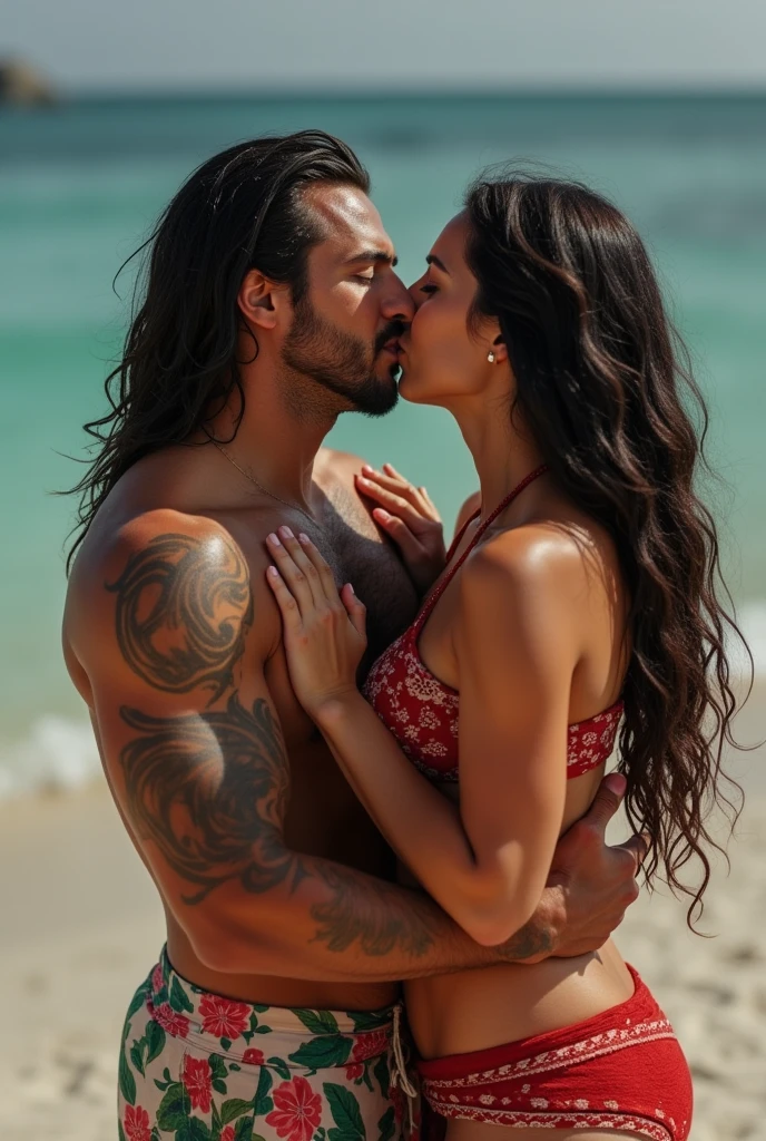 beautiful Instagram model, (long black hair, wearing a beautiful bikini ) , with her boyfriend , A handsome man with wavy brown hair and perfect body in the style of gerard butler with sixpack and muscles and a lot of blackwork tattoos , full body view, ((big boobs)), (hourglass figure), (white girl), detailed face, beautiful eyes, luscious lips, cinematic lighting, photorealistic, highres, 8k, (best quality:1.2), (realistic:1.37) , (full body view), in the ocean, swimming,