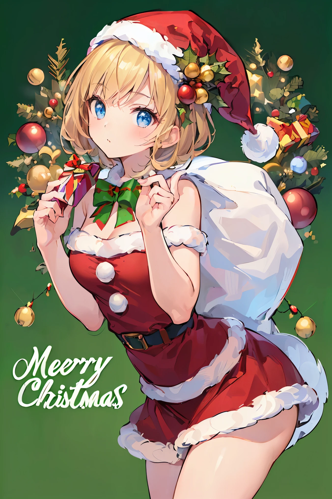 (((Best quality, 8k, Masterpiece: 1.3)), ((best quality)), ((masterpiece)), (detailed), perfect face, perfect body, (detailed skin:1.3), (intricate details), chibi, Christmas, Santa Claus, Santa Claus costume, Pop art background with the words "Merry Christmas", A girl dressed as Santa Claus, a deformed character