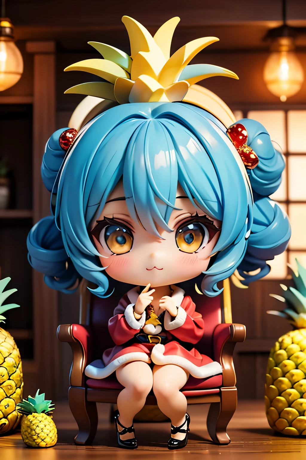 ( Masterpiece、 Fresh Pineapple:1.4)、(Anime Moe、Chibi Body、細い足、 light blue hair color, Short chignon hair、 curly hair 、Golden Eyes、:3,  :1.2)、( Santa Cosplay、Admiring Santa 、 red clothes、Feather coat、 fishnet tights、 Shiny High Heels、 chest opened using HDR:1.2)、(Delicately drawn fingers:1.2)、(Beautiful Interior 、pineapple round chair、On Elbows、whole body:1.3)