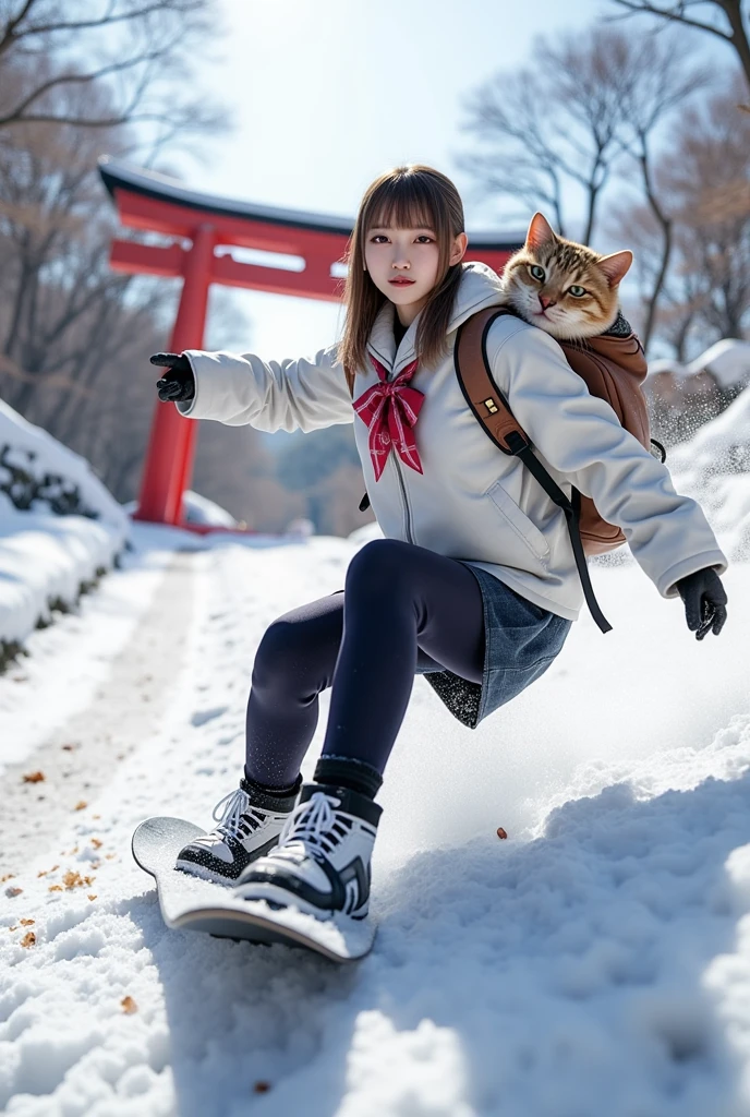 ultra-realistic, photorealistic, dramatic scene, shadow, global-illumination, solo, (teenage Japanese famous idol girl), very beautiful fragile Japanese girl, very beautiful with very cute but boyish cool face, (very large breasts), slim waist, (wearing a gray colored Japanese high school cute uniform of white shirt with blazer and skirt), (red ribbon), (stylish winter coat), (cute woolen scarf), (glove), (She is wearing dark navy tights), (very large breasts), snowboarding boots, (The cat is hiding in her backpack), (A giant fat cat peeks out of her backpack), (She is snowboarding down the long snow-covered steps of the shrine in extremely high speed:1.3), dynamic angle , acrobatic pose, (soaring snow after her snowboard), Red torii gate of the shrine, heavy snow, A few autumn leaves can be seen among the leafless trees, she looks so happy, happy smile, showing a graceful snowboarding technique, quick turn, professional lighting, (shoot from below), Beyond the stairs the splendid main hall of the shrine can be seen