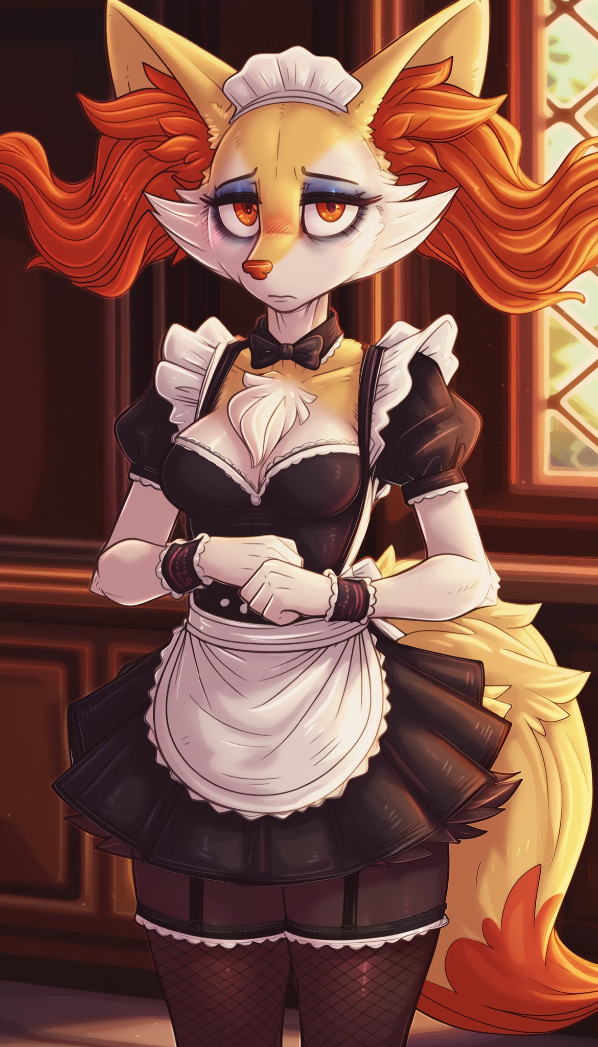 masterpiece, best quality, tired expression, 1girl, anthro, furry, fur, fluffy fur, braixen girl, furry, animal nose, eyes makeup, orange eyes, looking at the viewer, medium breasts, thicc thighs, solo, detailed, solo, (mansion background), (shy), (maid uniform, fishnet stockings, maid wristband, black skirt), half-closed eyes, detailed, standing, ager (18 years), (embarassed), (depressed), (baggy eyes), looking at the viewer, (dimwitdog), score_9, score_8_up, score_7_up, score_6_up, score_5_up, score_4_up