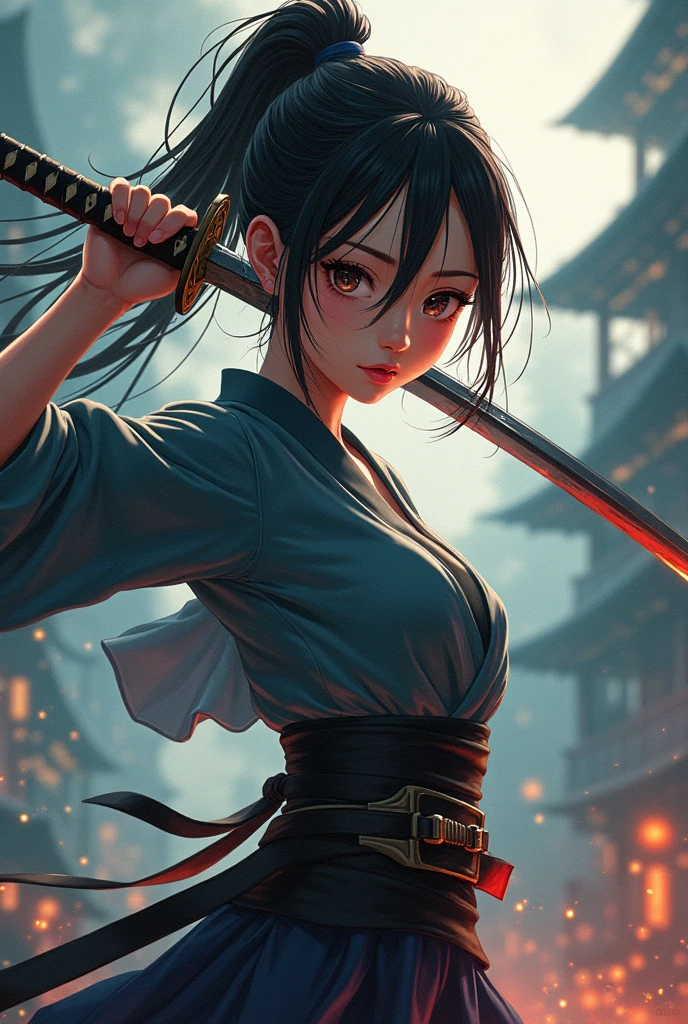 beautiful japanese woman with big breasts in a revealing short ninja costume, night, big moon, moonlight, strong wind, raindrops, katana in hands, preparing to strike, fighting pose, confident look