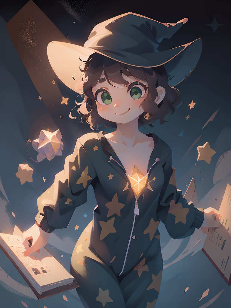 1girl, black curly short hair, smile, green eyes, wink, space, black Space Pajamas, have a Pencil in one hand, a huge brown book tug around her left arm, wizard hat, floating