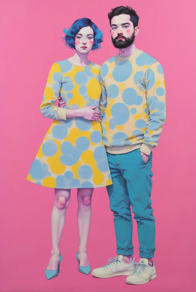   girl and boy painting on pink background , Tristan Eaton, Tristan Eaton & Greg Rutkowski,  James Gilliard and James Jean ,  James Jean Soft Light 4K ,  Tristan Eaton's wallpaper, , Picture of two people ,  Multi-layer artwork  , 3d portrait,  Cubism lovers love it,手を繋ぐ