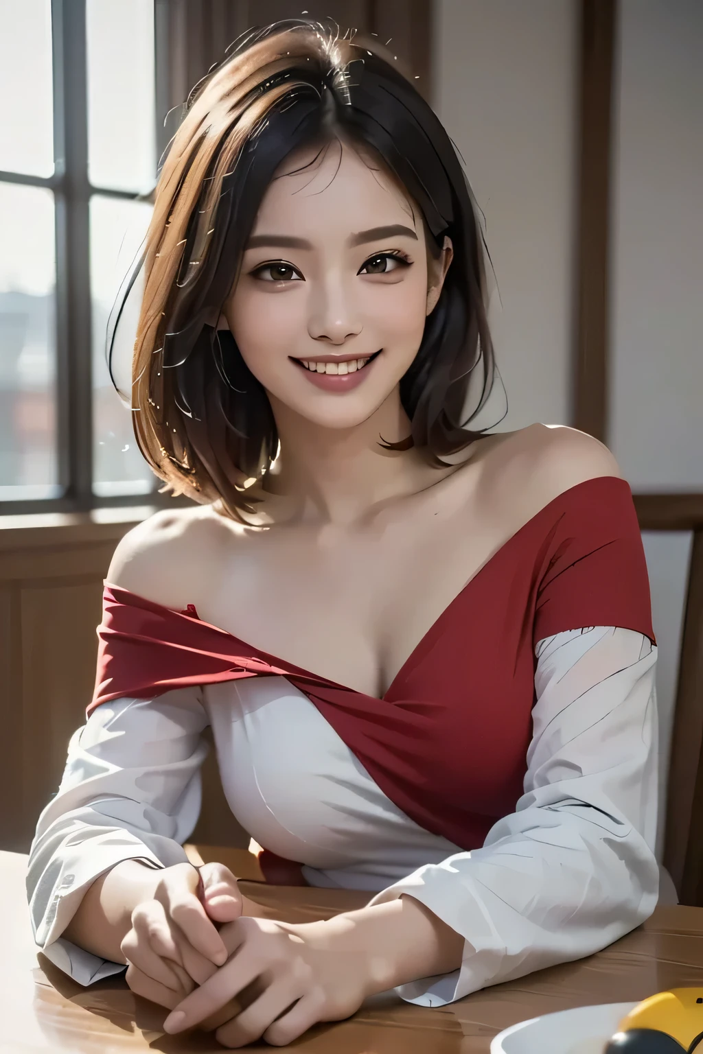 (( realistic  Light, masterpiece,  top quality,  realistic , 8k,  table top in front of you: 1.3)), 1 person, (off-the-shoulder cut red top: 1.3),  highly detailed faces, fine grain, ( eyelash ),  double eyelids in judo uniforms, grin, ((Big Breasts)), ( My Room), smile