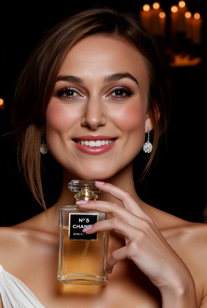 CM poster "Chanel's No. 5 for you " written in middle Red decoration of gorgeous letters at the upon the screen,　front view, Keira Knightley , right hand hold   Chanel's No. 5 perfume from own face, smile , middle cut, brown hair,  Chanel design earing,  White Chanel dinner simple dress,  candle light, in home, night( super detailed,   High Details  ,  High Quality , Accurate,  anatomically correct , textured skin, beautiful fingers  super detailed,   High Details  ,  High Quality ,  High Quality )
