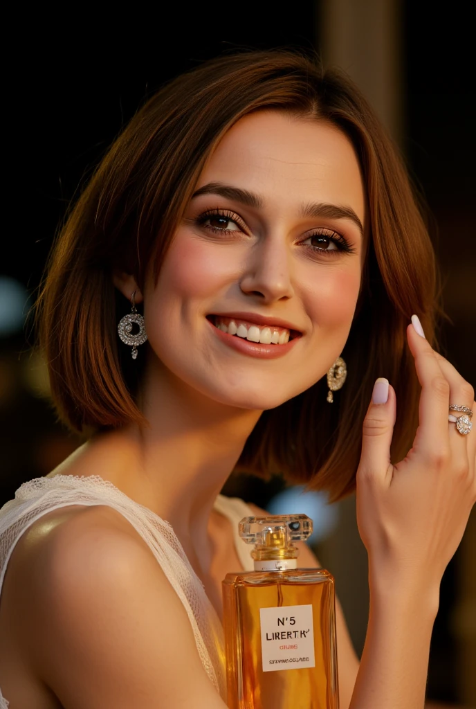 CM poster "Chanel's No. 5 for you " written in middle Red decoration of gorgeous letters at the upon the screen,　front view, Keira Knightley , right hand hold   Chanel's No. 5 perfume from own face, smile , middle cut, brown hair,  Chanel design earing,  White Chanel dinner simple dress,  candle light, in home, night( super detailed,   High Details  ,  High Quality , Accurate,  anatomically correct , textured skin, beautiful fingers  super detailed,   High Details  ,  High Quality ,  High Quality )
