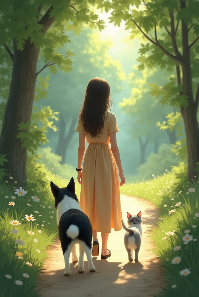 A woman with her black and white dog and her white and gray kitten walking backwards on a path