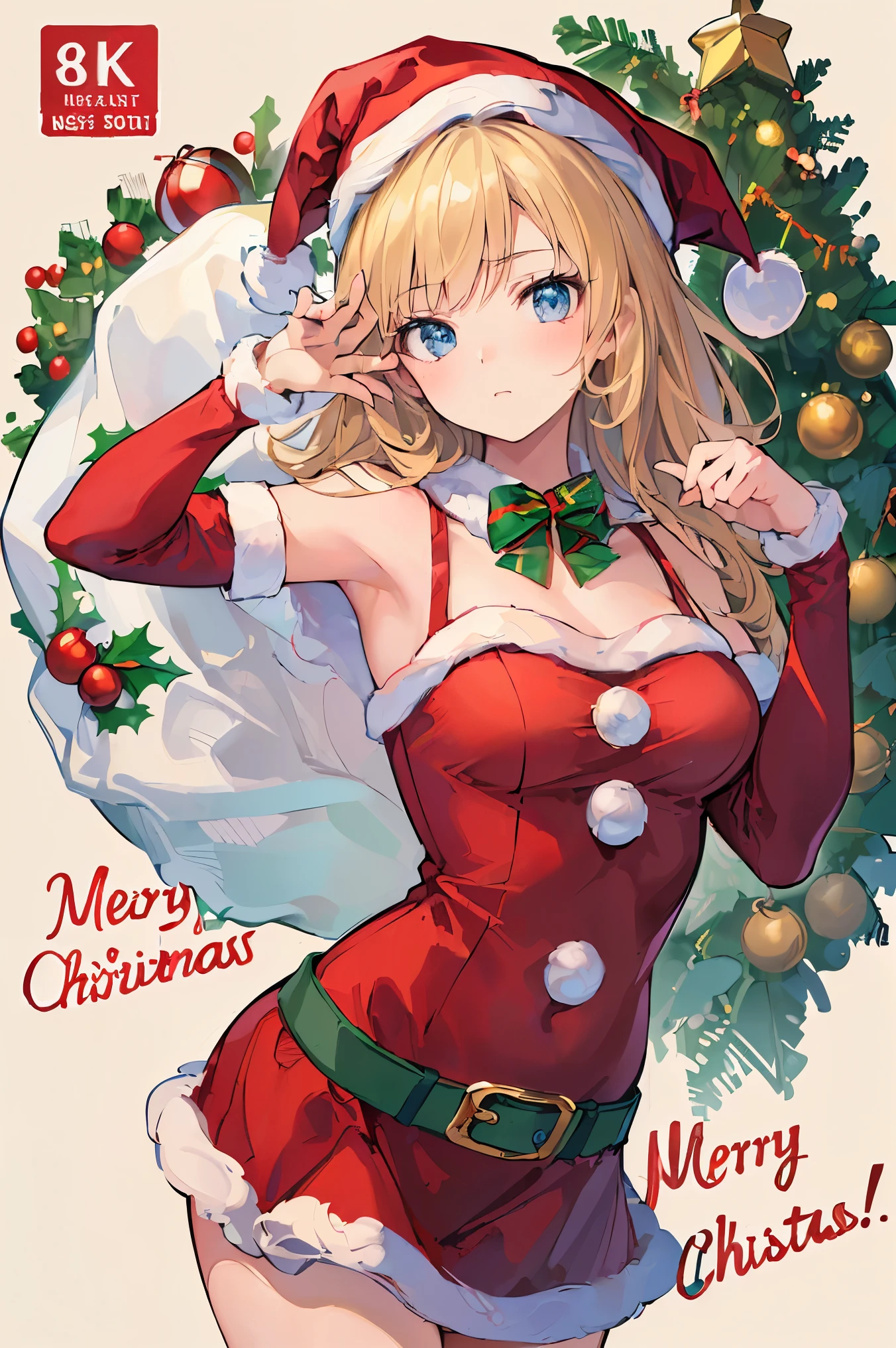 (((Best quality, 8k, Masterpiece: 1.3)), ((best quality)), ((masterpiece)), (detailed), perfect face, perfect body, (detailed skin:1.3), (intricate details), chibi, Christmas, Santa Claus, Santa Claus costume, Pop art background with the words "Merry Christmas", A girl dressed as Santa Claus, a deformed character