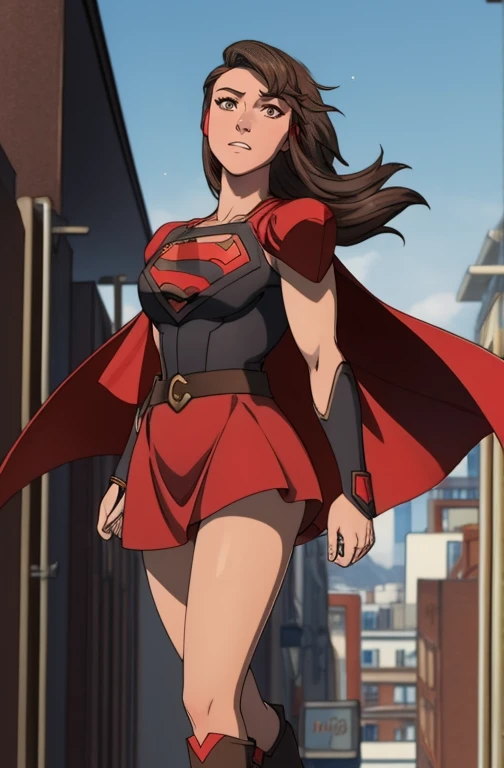 (     top quality ), (     top quality ), (Overall view), Backstreets,Supergirl with a sexy body,  Big Breasts, Beauty,      halter neck tops     ,        short skirt    , Cape,       boots, low top       