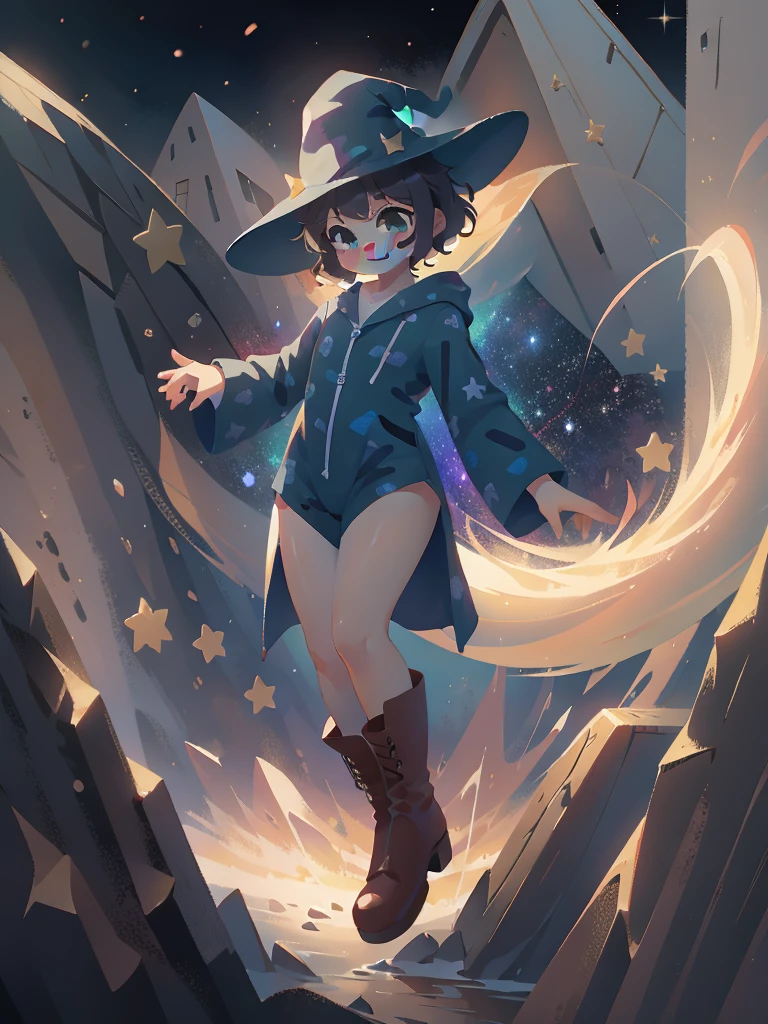 1girl, black curly short hair, smile, green eyes, space, black Space Pajamas, wizard hat, floating, full body, brown boots.