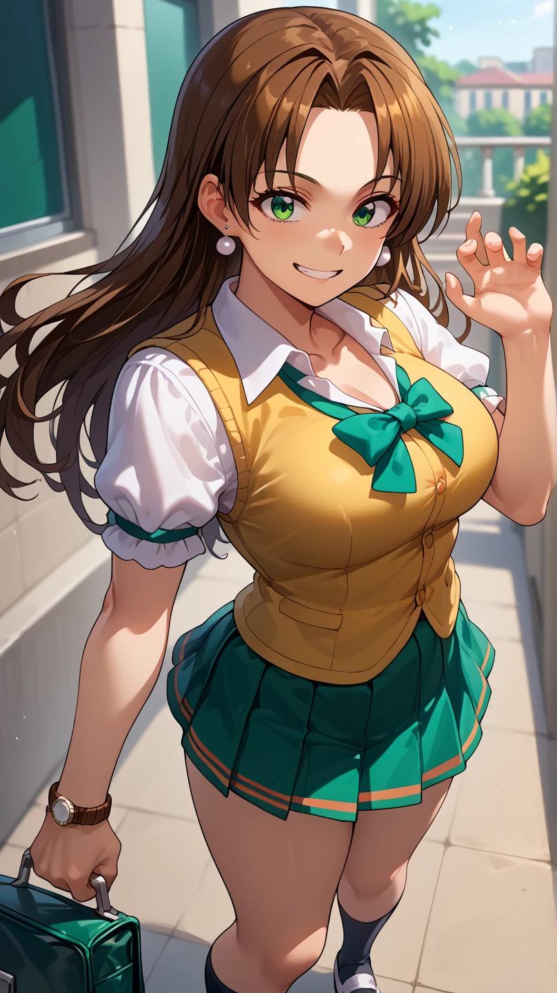 score_9, score_8_up, score_7_up,  source_Anime, they move, 1 girl,Alone,smile,Sparkling_Close,Sparkling_skin, five fingers , 1 girl, Big Breasts , Kisara Westfield  , long hair, 
.Brown Hair,  green eyes, split bang ,the above, looking at Vietower,angle up, ,gem,  pearl earrings  ,  school bag that can be held in one's mouth, school uniform,  short puff sleeve ,  white shirt,  Yellow Vest,   green ribbon on chest  ,  is a green skirt,  pleated skirt ,  watch , looking at Vietower,hand holding  school bag that can be held in one's mouth, bare chest neckline ,Black Sox, medium socks ,shoes,