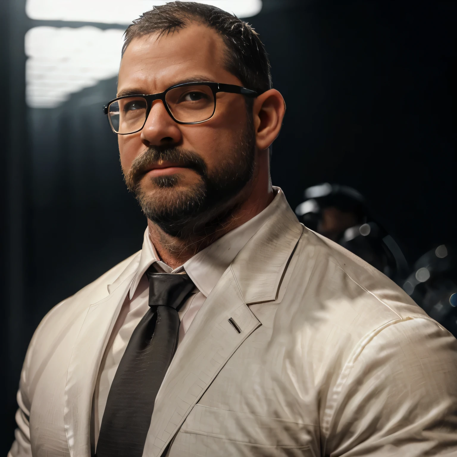 An award-winning original photo，A wild muscular man, (40 years old daddy:1.1), 1boy, Solo, (black suit), (white dress shirt), (red necktie), (big shoulderusculature, stubbles, Short beard, Beautiful eyes:1.3), (Detailed face:1.3), wearing glasses, smiles, Dynamic Angle, volumetric lighting, (Best quality, A high resolution, Photorealistic), Cinematic lighting, Masterpiece, RAW photo, Intricate details, hdr, depth of field,extreme close up, 