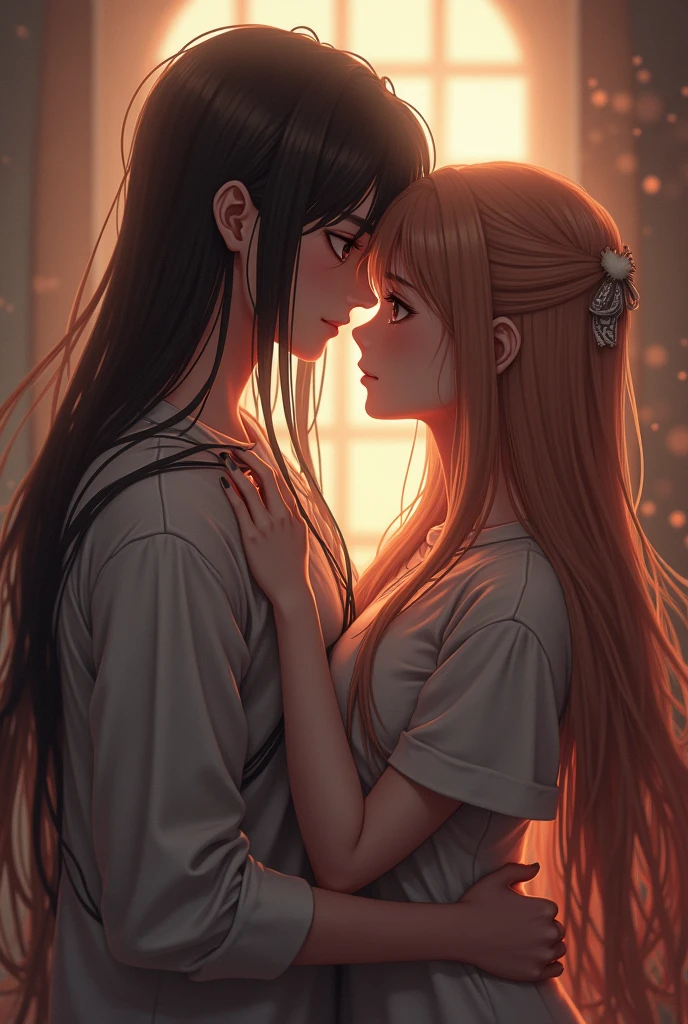 (anime) a guy with long black hair, a guy with long blonde hair, kissing, boy love