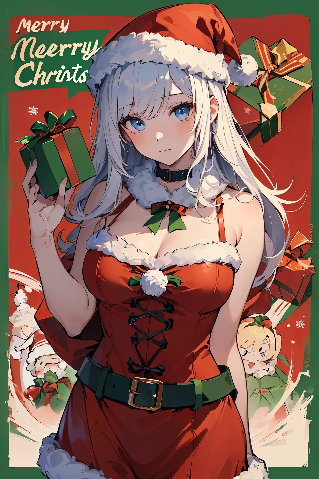 (((Best quality, 8k, Masterpiece: 1.3)), ((best quality)), ((masterpiece)), (detailed), perfect face, perfect body, (detailed skin:1.3), (intricate details), chibi, Christmas, Santa Claus, Santa Claus costume, Pop art background with the words "Merry Christmas", A girl dressed as Santa Claus, a deformed character