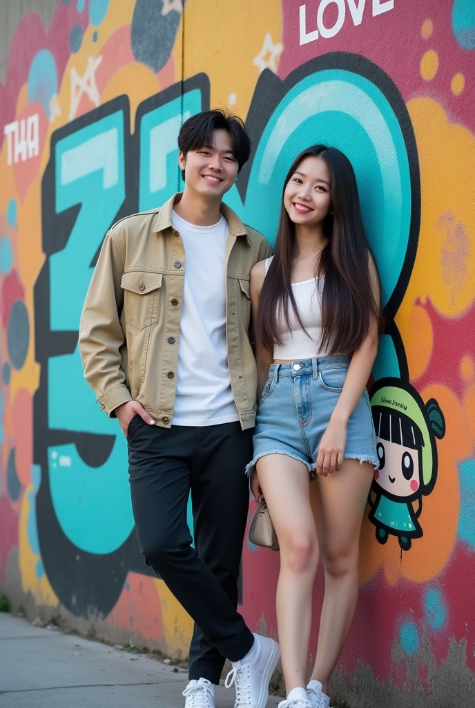 View from the middle. Against the background of a colorful graffiti wall with the words "LOVE ARMY" and a picture of a cute tata doll. There is a handsome Korean man smiling and beautiful woman long hair, wearing a beautiful Korean style and shorts, standing leaning against the wall, outdoors, during the day.