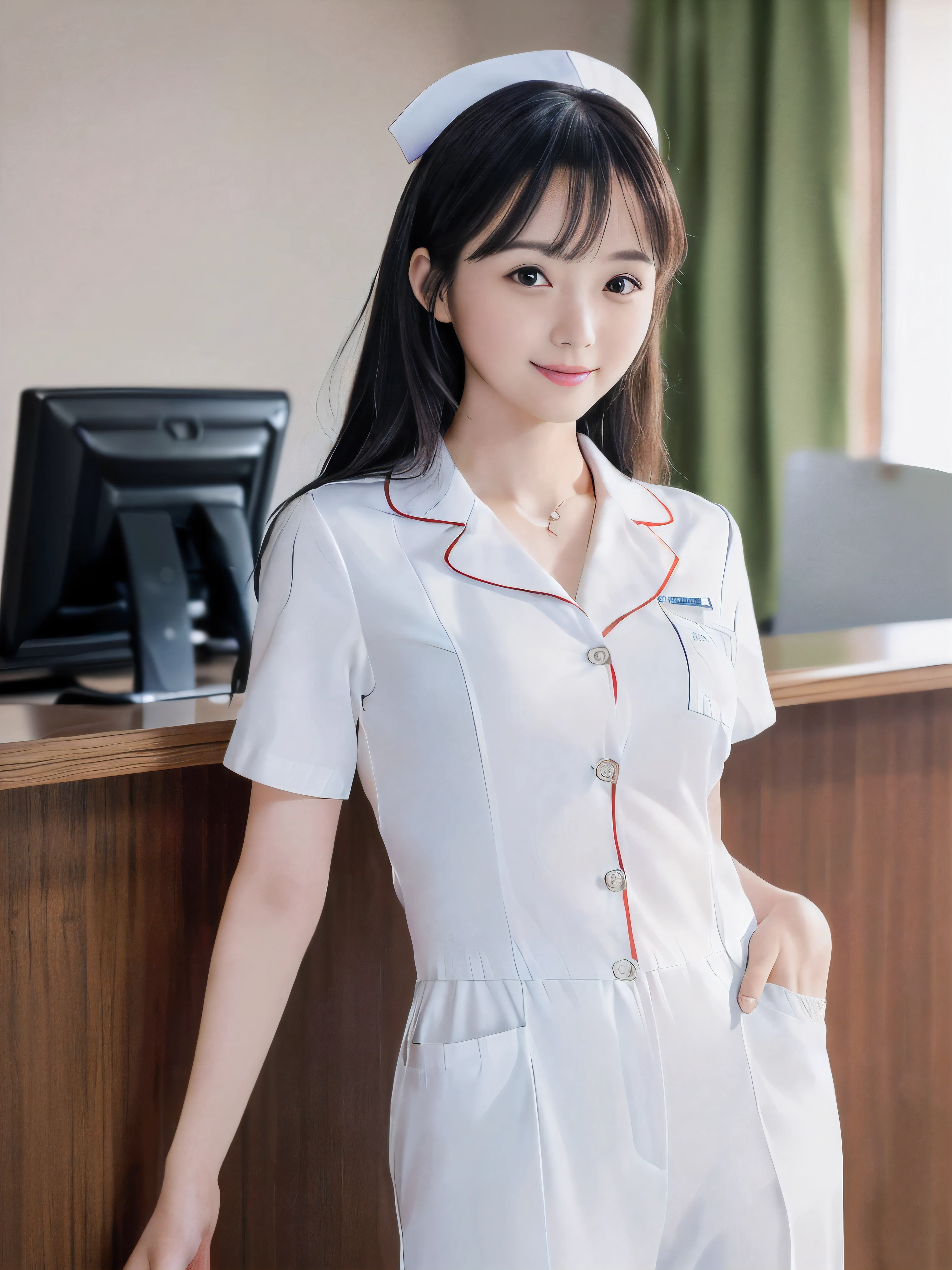 arafed-woman-in-a-white-uniform-standing-in-front-of-a-desk-seaart-ai