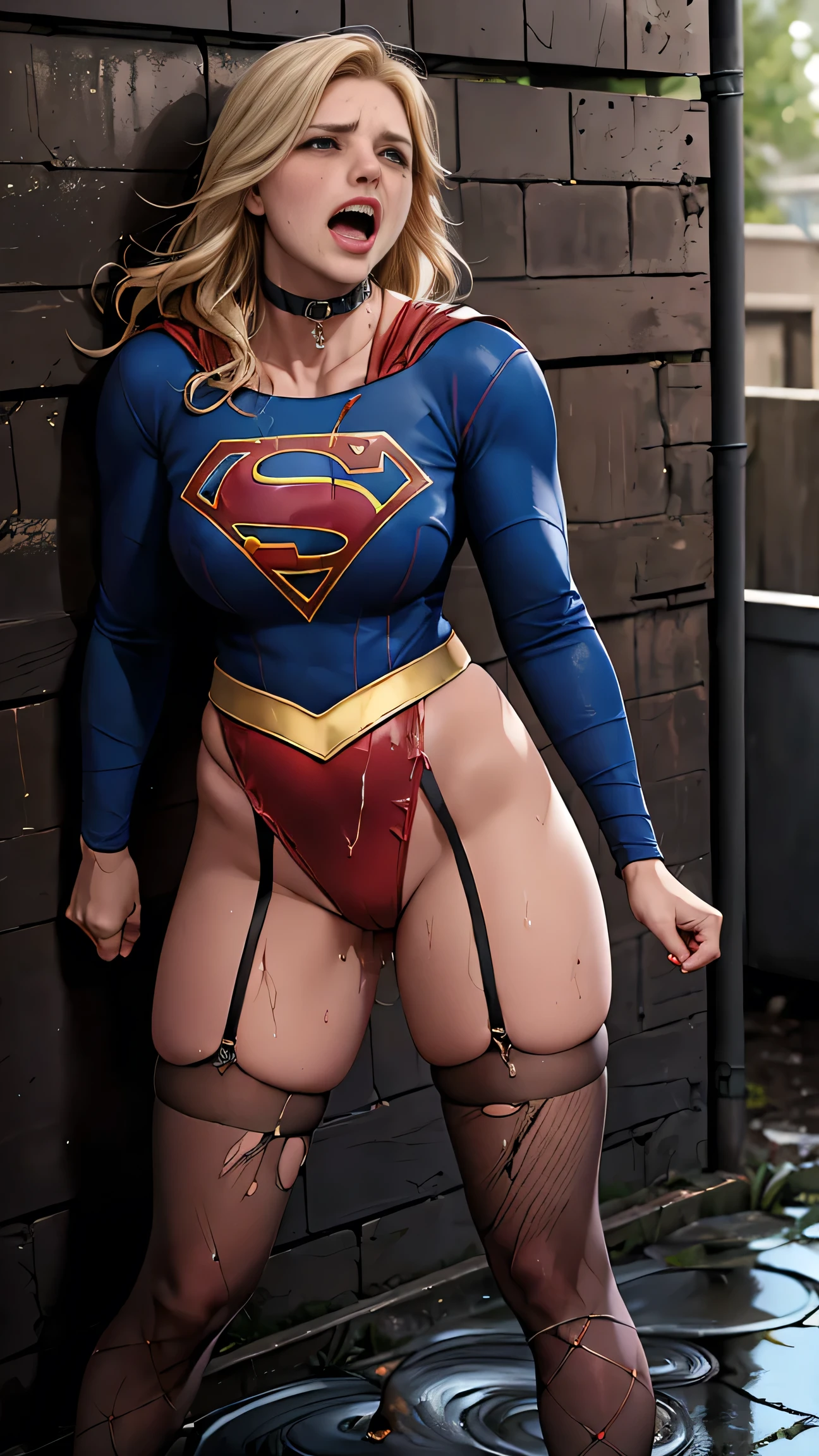 (((Ela está de cócoras))) SUPERHEROINE SUPERGIRL usando uma calcinha rendada rasgada furada esfareapada, without bra. Seu corpete ESTA RASGADO ESFARRAPADO FURADO. She is screaming in terror, She is terrified, She is crying a lot.  ela tem cabelos LOIROS, ela tem cabelos compridos. ((She is a filthy whore)),  ((SUPERGIRL presa em uma gaiola. As barras da gaiola estão muito apertadas. SUPERGIRL pede ajuda, com lágrimas nos olhos).  She is wearing a bandage belt, she's using 7/8 meias rasgadas,  usando estiletes de salto alto.  Capturado, Sequestrado, abandonado, Torturado, escravizado, envergonhado. tied with arms above head. She screams and screams to call her enemies and beg for mercy and starts to cry. Wearing a thick metal collar around your neck. Seus tornozelos, your wrists and neck are bound with chains. Forced into prostitution. Your clothes are wet, your pubis is swollen.(It has a large puddle of urine on the floor). She's hurt, Ela tem hematomas por todo o corpo, she's scratched. Usando uma renda de fita de empregada, ((she is standing, against the wall,  open legs )),  wearing starry lace panties , without bra. SUPERGIRL SUPERHEROINE, She is screaming in terror, She is terrified, She is crying a lot.  She has blonde hair, she has long hair. ((She is a filthy whore)), ((SUPERGIRL stuck in a cage .  The cage bars are too tight. SUPERGIRL asks for help , With tears in my eyes.  Wear starry lace panties tight and torn , wear tight and torn bodice and pierced and ragged, wear frayed and dirty and ragged tights )).  She is wearing a bandage belt, she's using 7/8 fishnet stockings, wearing high-heeled stilettos. Caught, Kidnapped, abandoned, Tortured, enslaved. (((Rosto perfeito, rosto em alta definição, rosto em 4k)))