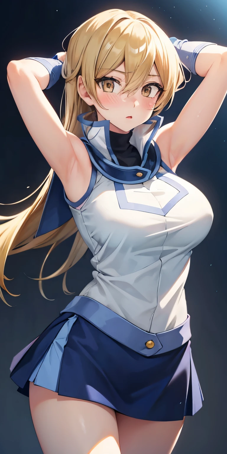 masterpiece, best quality, highres, heart hair ornament, ta1,blonde hair,long hair,yellow eyes, white jacket, sleeveless, blue skirt,tight skirt , miniskirt,fingerless gloves,smile,big tits ,looking at viewer,top view,(standing), bracelet, Cyber city,blue neon lights,((perfect face)),perfect body, perfect , high definition,blush,(skirt lift:1.4),(black panties ),(show panties),(wide thighs:1.3),((upper body))