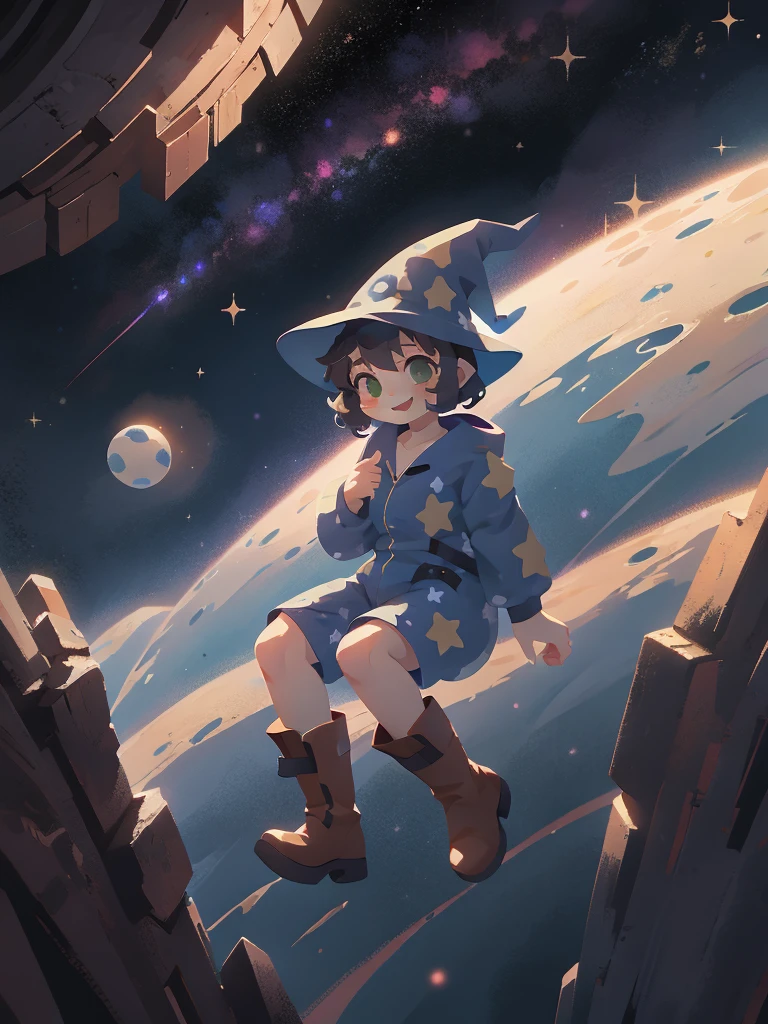 1girl, black curly short hair, smile, green eyes, space, black Space Pajamas, wizard hat, floating, full body, brown boots.