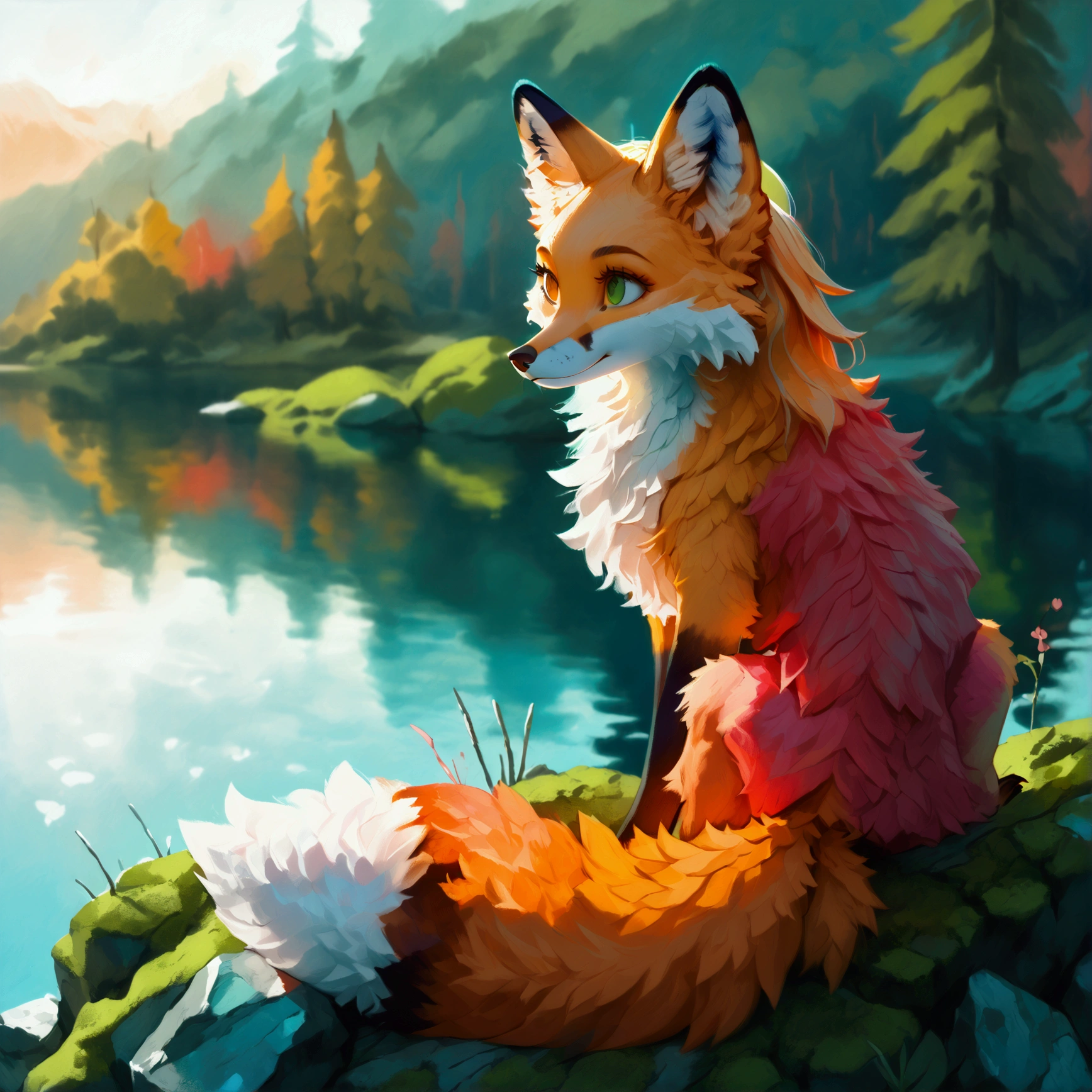 ((A fox girl perched on a moss-covered rock, gazing thoughtfully at a serene lake at dawn, captured in a wide shot that highlights the vibrant colors of the sunrise reflecting on the water)),Value,2D,CGI, dynamic angle, body language,gesture languages, colour psychology,anime facials expression, masterpiece, high-quality,perfect anatomy, photographic orientation,4k, 8k,SFW, safe for work, Overlap, Compression, Shadow, Dimensionality,foreshortened, scenery,modestly dressed,fully clothed,Facial affect,physiognomy,reflection on eye,shortened,randomised CHEST(CM)WAIST(CM)HIPS(CM),random Function call,full colour,Essence,quirky trait