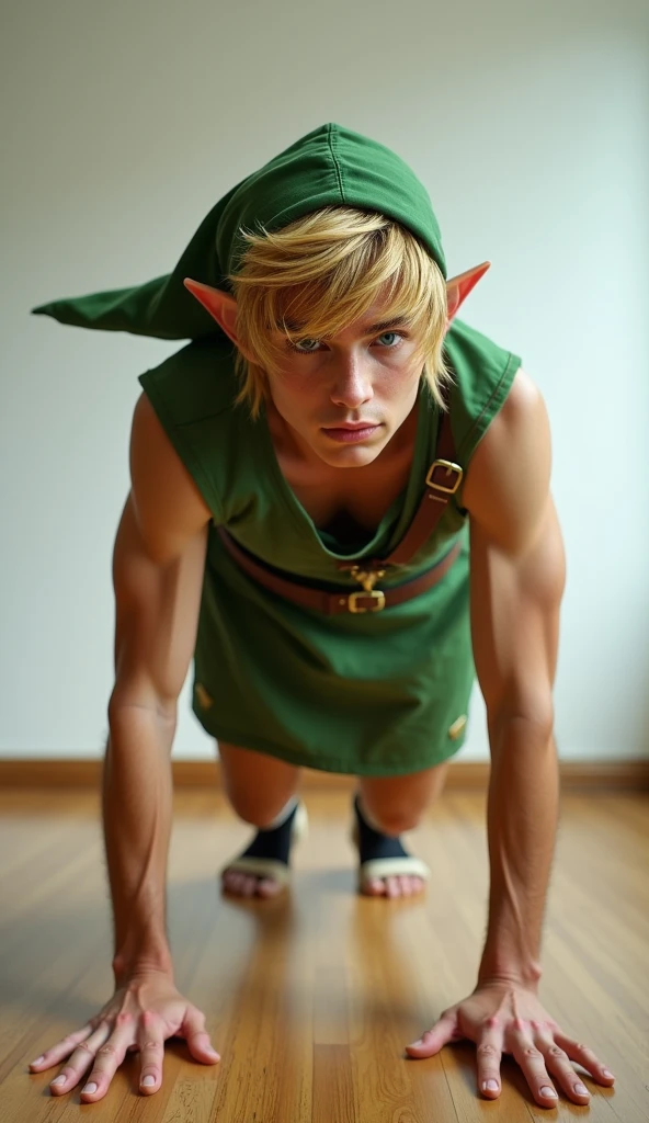 a handsome, attractive, slender, delicate elf, livid pale skin, short platinum blonde hair, light blue eyes, muscular torso, wearing a grass green costume with golden details of leaves, in the background of a forest with wooden houses,