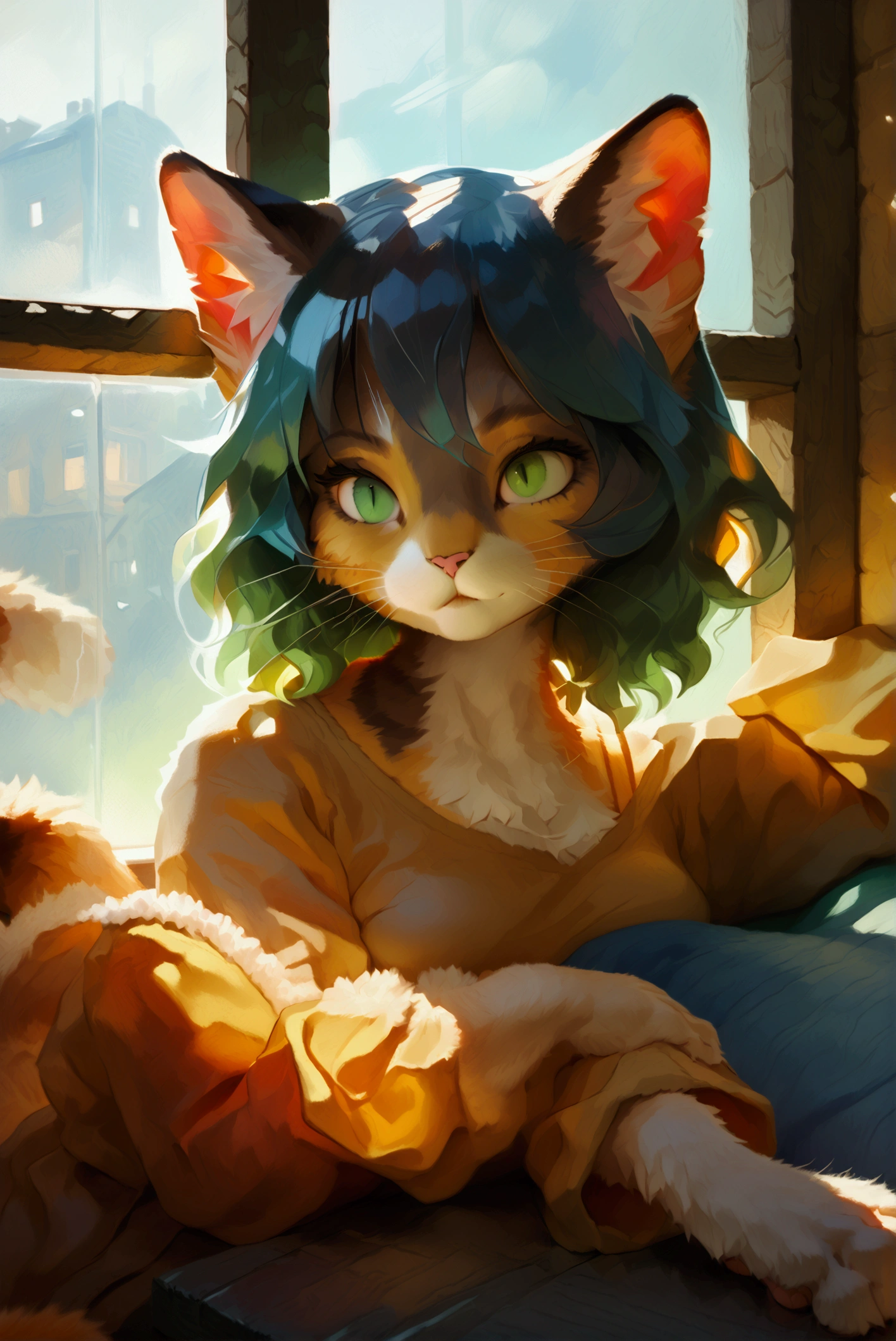 ((A cat girl lounging in a sunbeam on a windowsill, her eyes half-closed in contentment, captured in a cozy medium shot that highlights the warm light filtering through the glass)),Value,2D,CGI, dynamic angle, body language,gesture languages, colour psychology,anime facials expression, masterpiece, high-quality,perfect anatomy, photographic orientation,4k, 8k,SFW, safe for work, Overlap, Compression, Shadow, Dimensionality,foreshortened, scenery,modestly dressed,fully clothed,Facial affect,physiognomy,reflection on eye,shortened,randomised CHEST(CM)WAIST(CM)HIPS(CM),random Function call,full colour,Essence,quirky trait